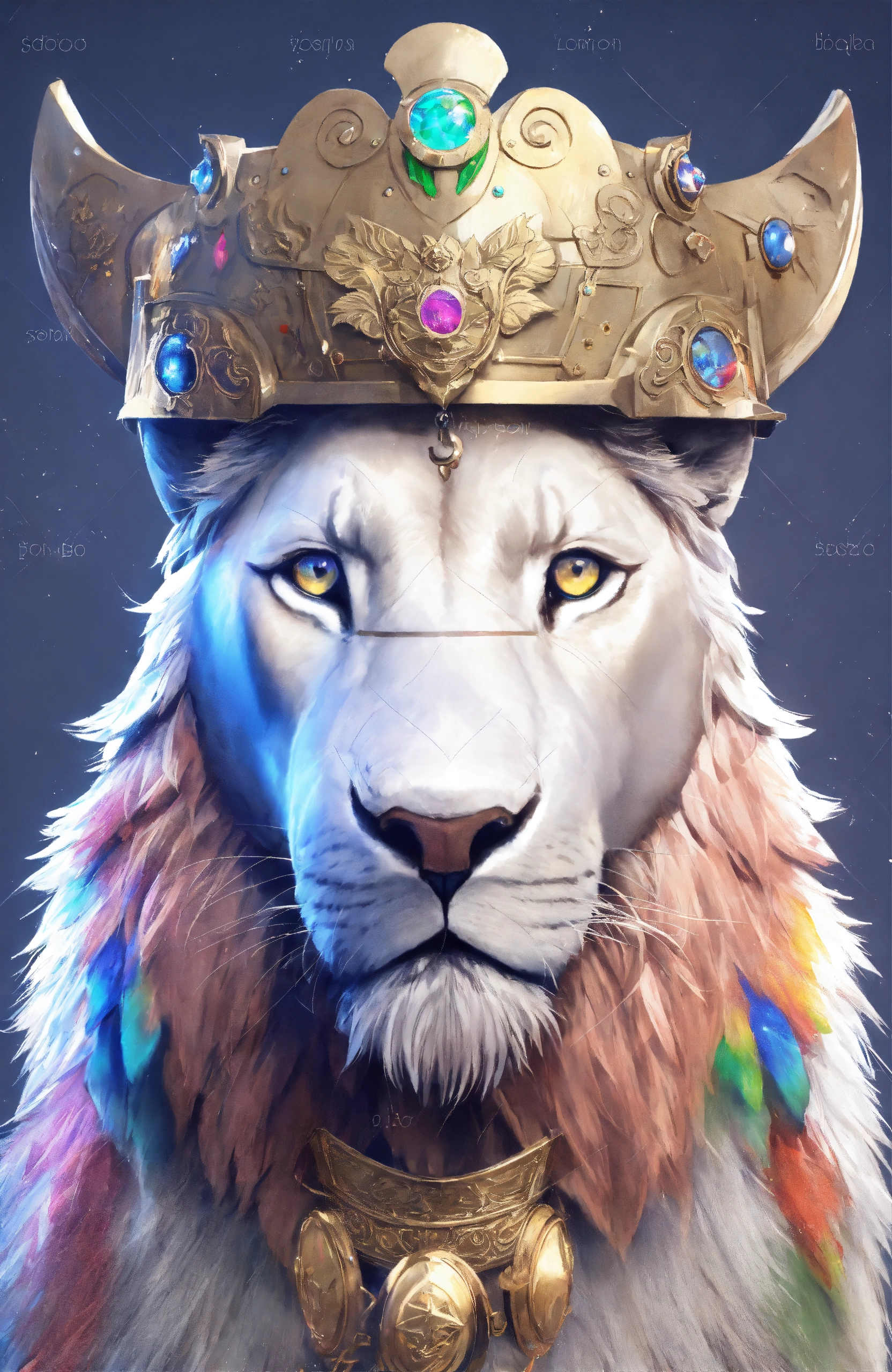 Lexica - Lion, in a medieval helmet, with multi-colored eyes