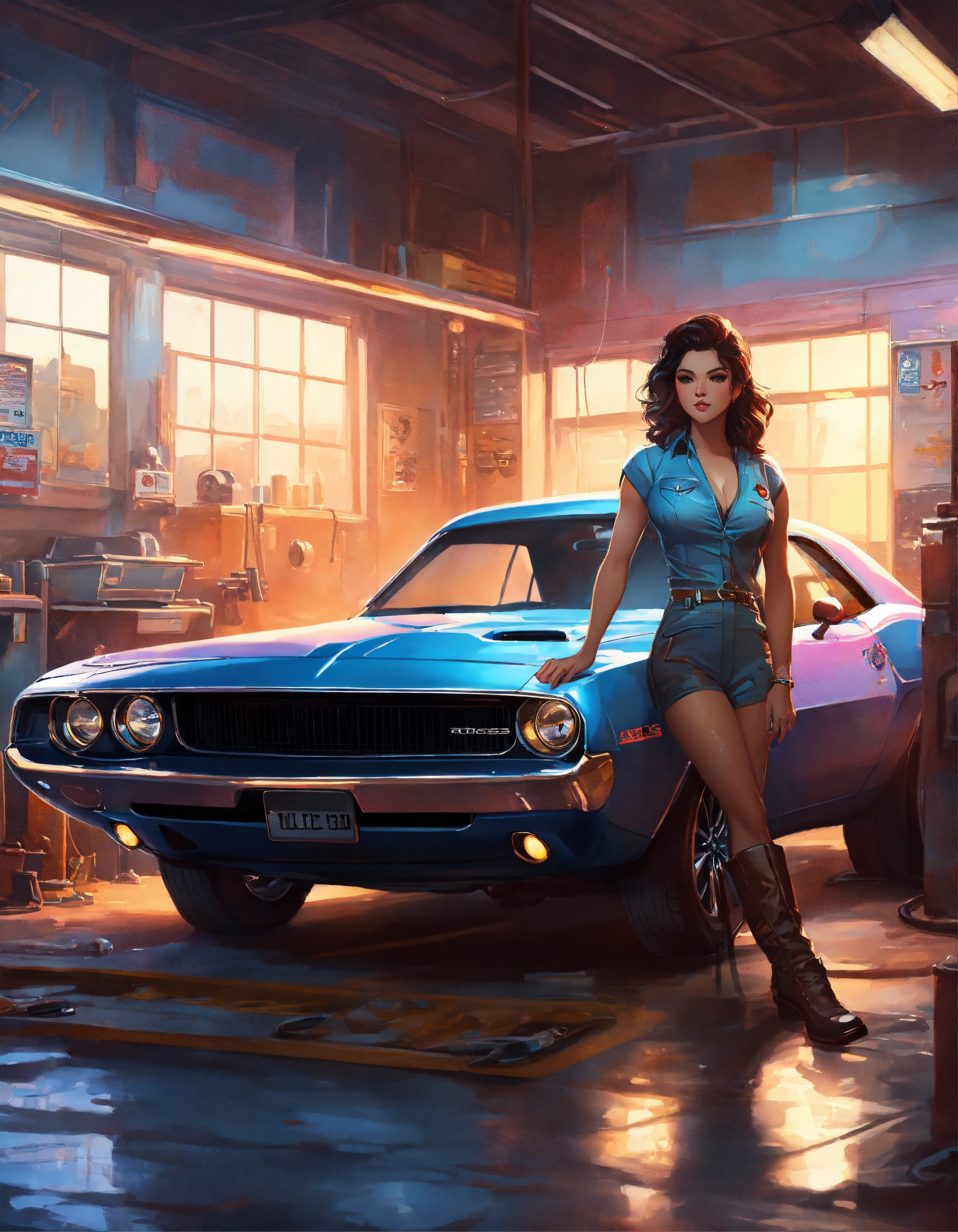 Lexica - Mechanic's garage scene, vintage atmosphere, with a Dodge ...