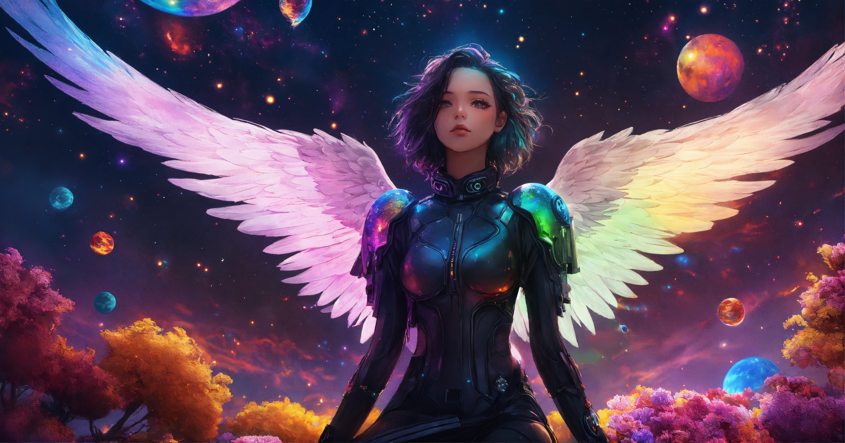 Lexica - Cyberpunk black angel with white wings, girl, wearing a cute ...