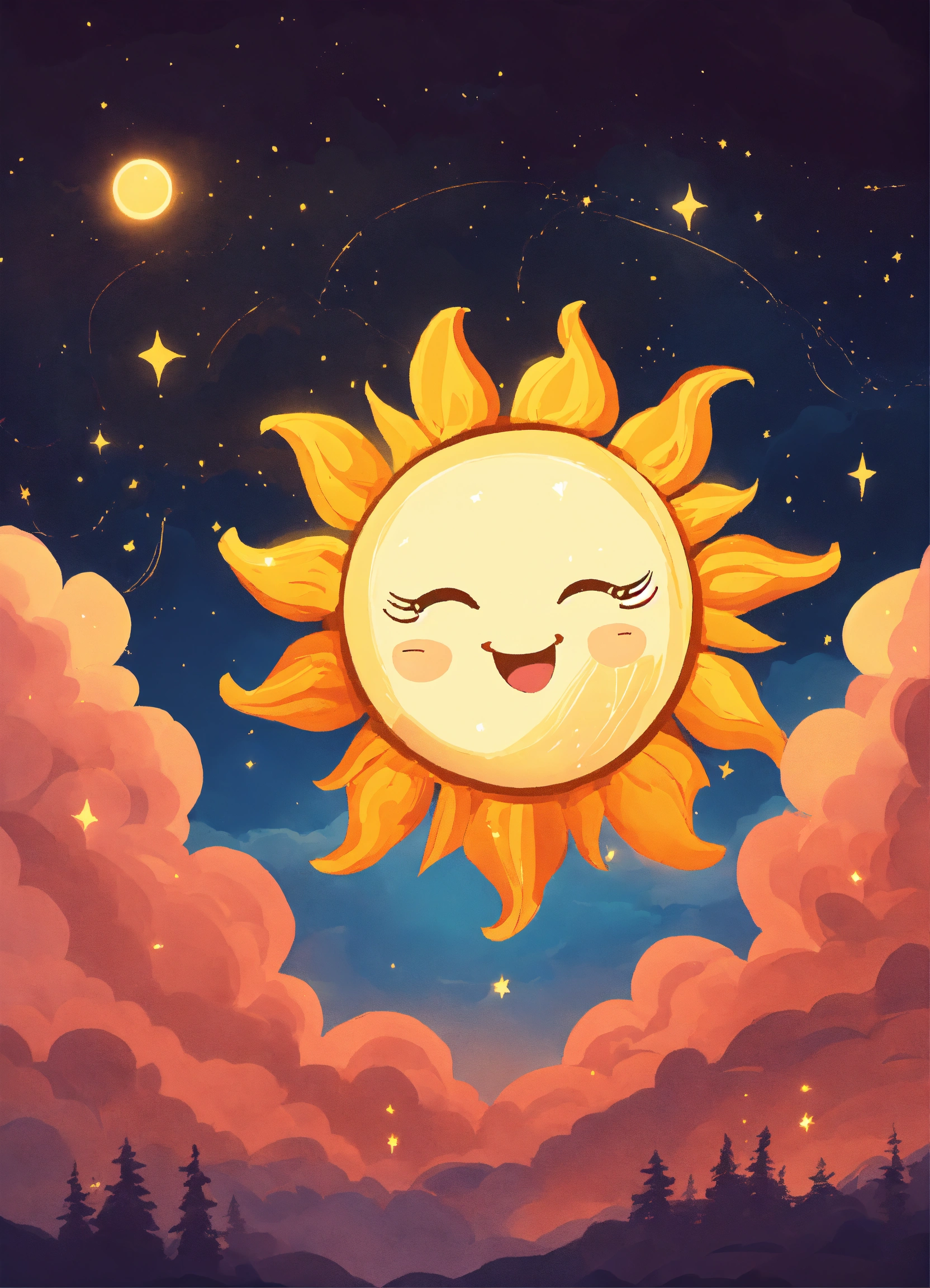 Lexica - An image of cute sun shining in the night sky, looking into ...