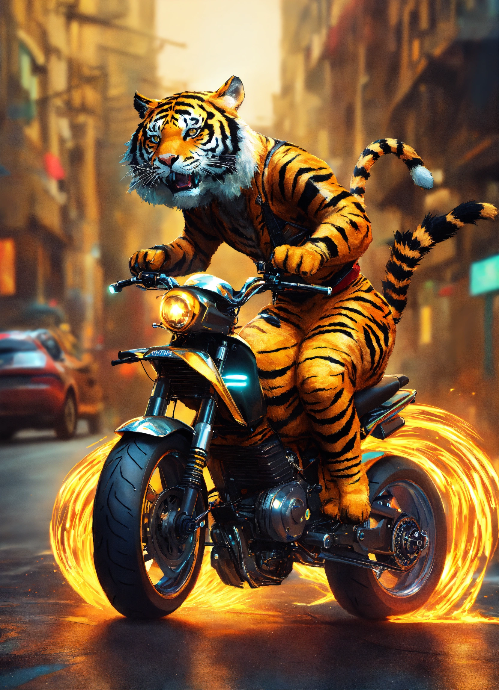 Lexica - Crazy tiger, on one wheel, motorcycle, dancing, futuristic ...