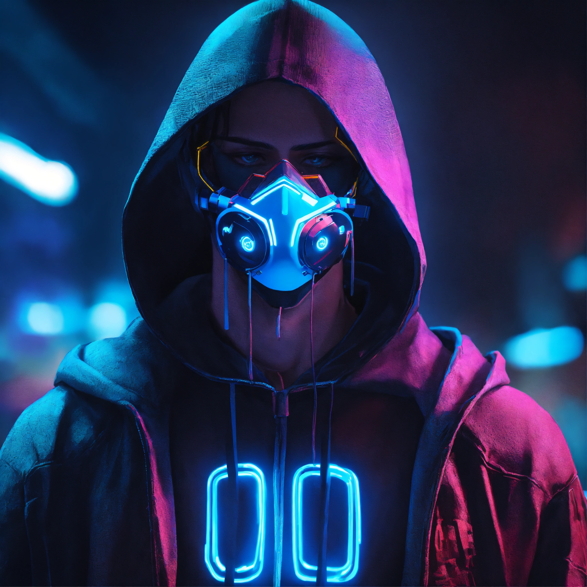 Lexica - Male character, in cyberpunk hoodie, blue neon, mask