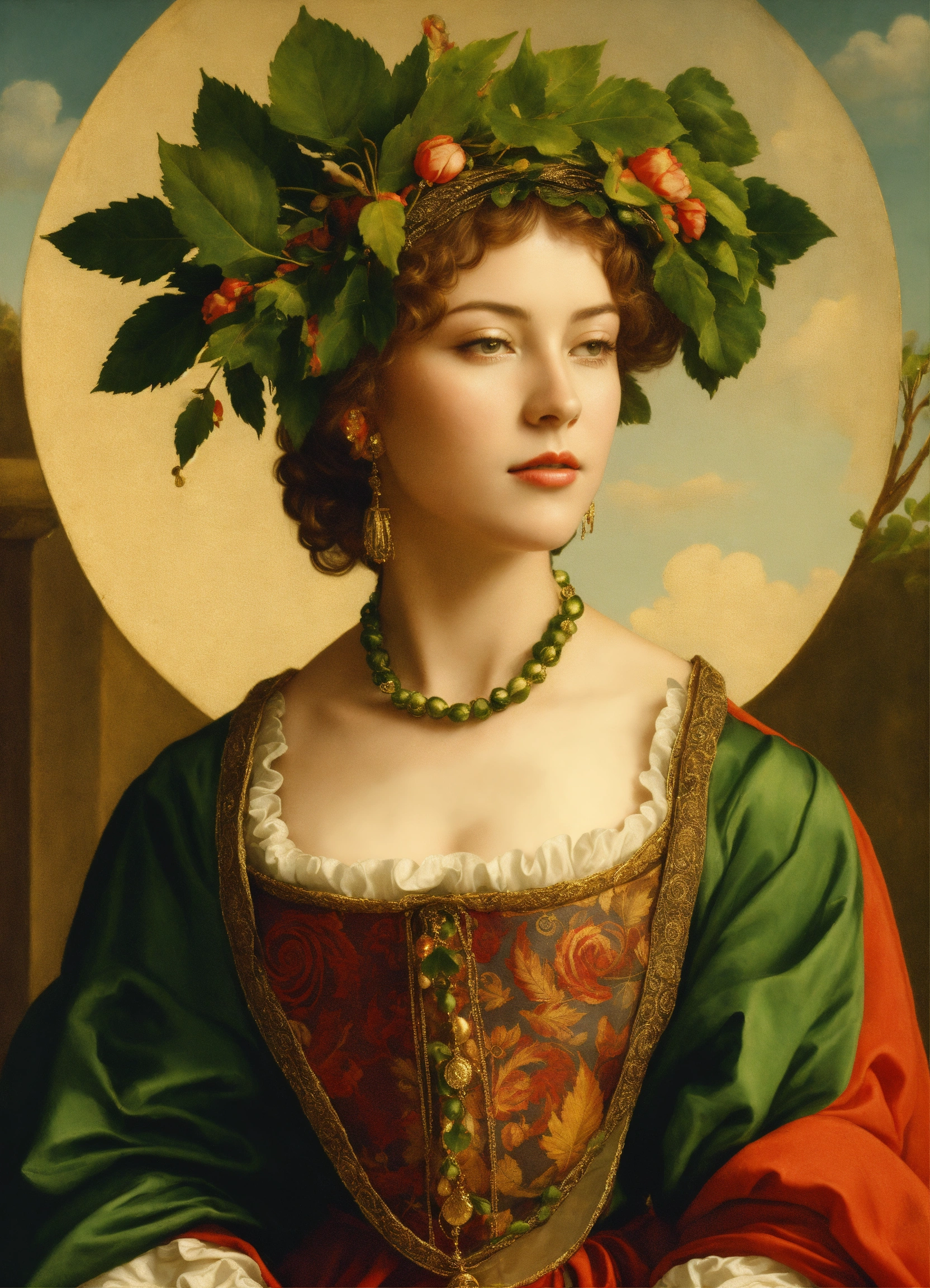 Lexica - Woman with spiral leaf on head, adorned in Renaissance attire.