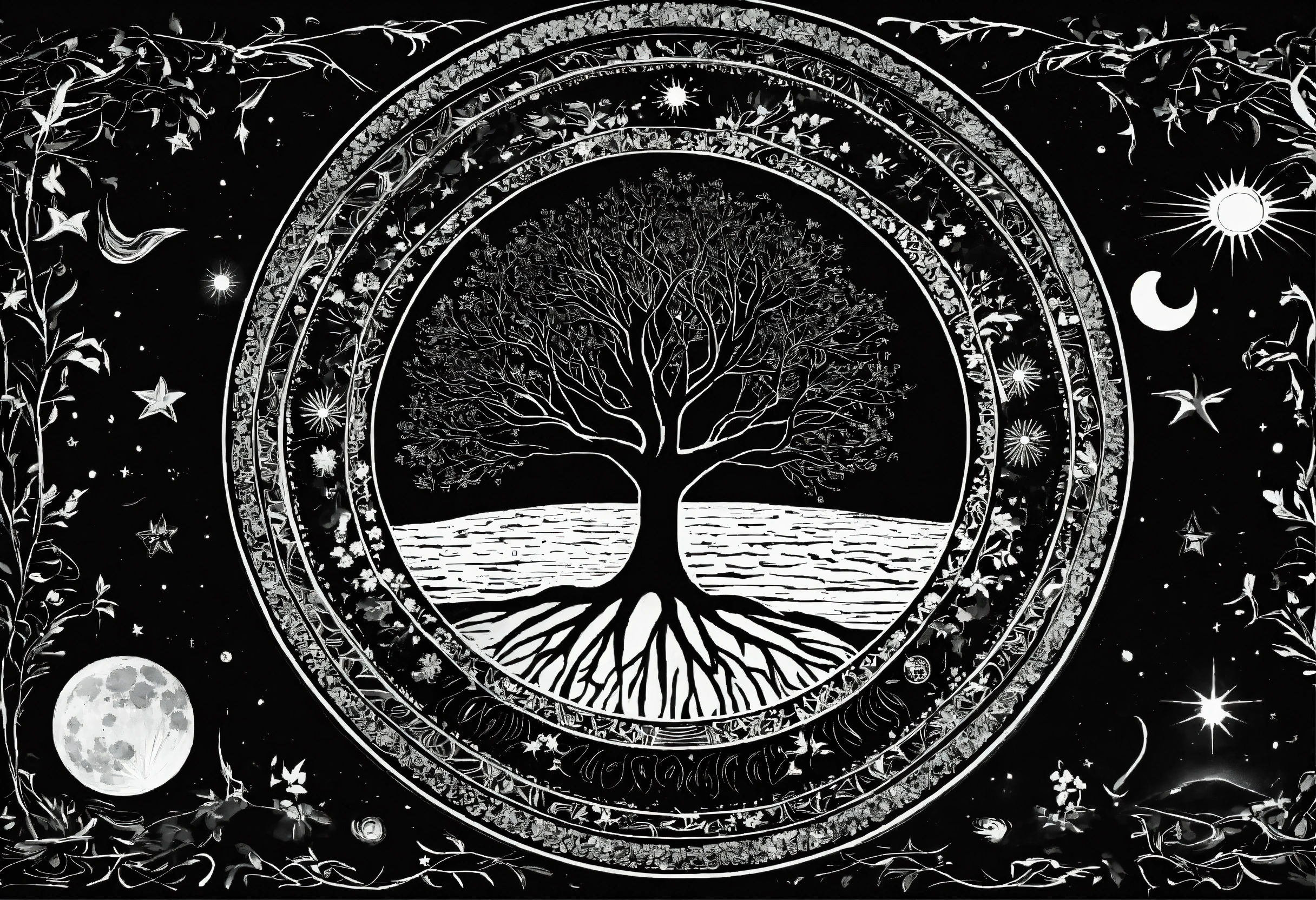 Lexica - Tree of life black and white no leaf with moon sun and stars