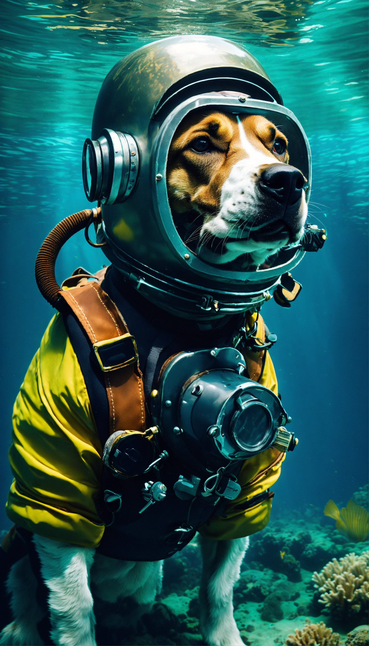 Lexica - Create an image of a dog pedaling through the ocean depths in ...