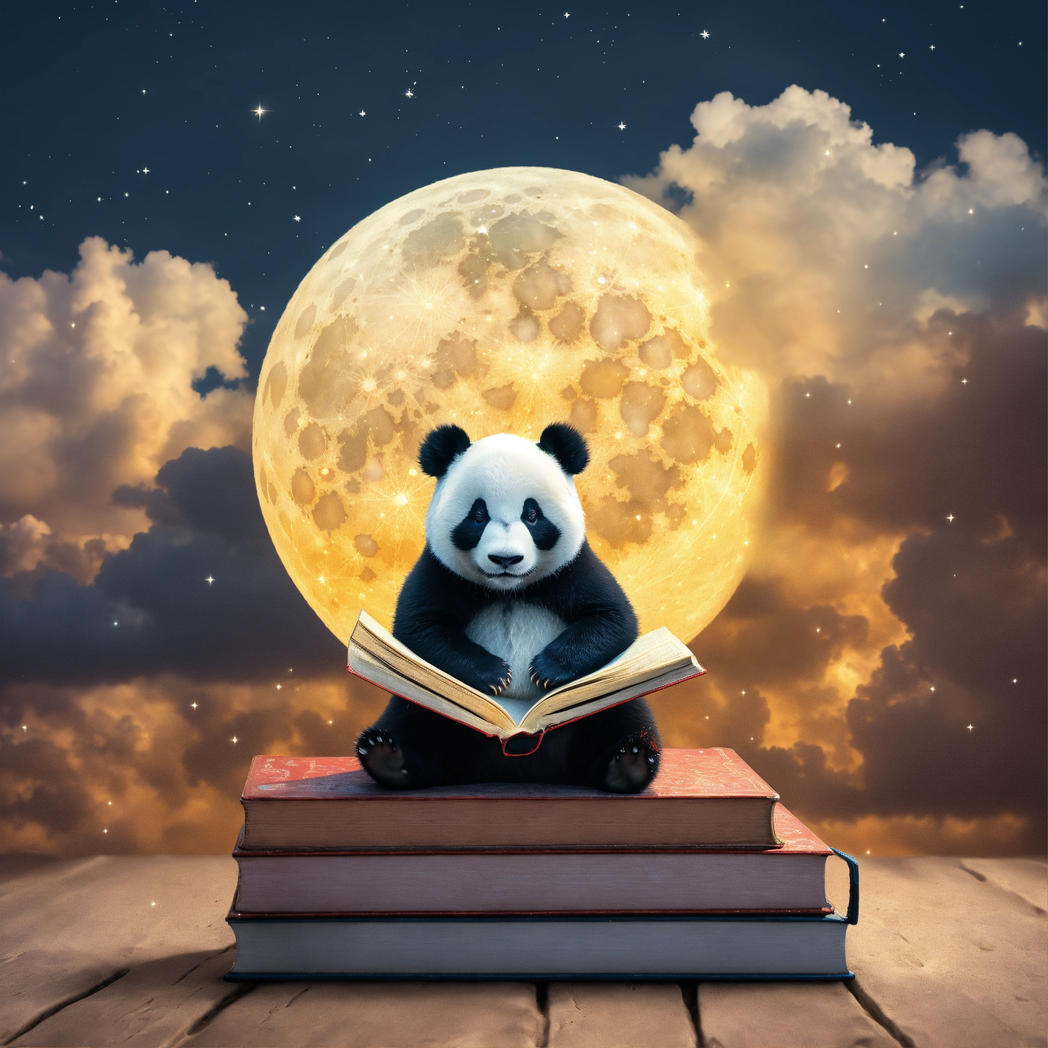 Lexica - A minuscule panda sitting on top of the moon under a cloudy ...