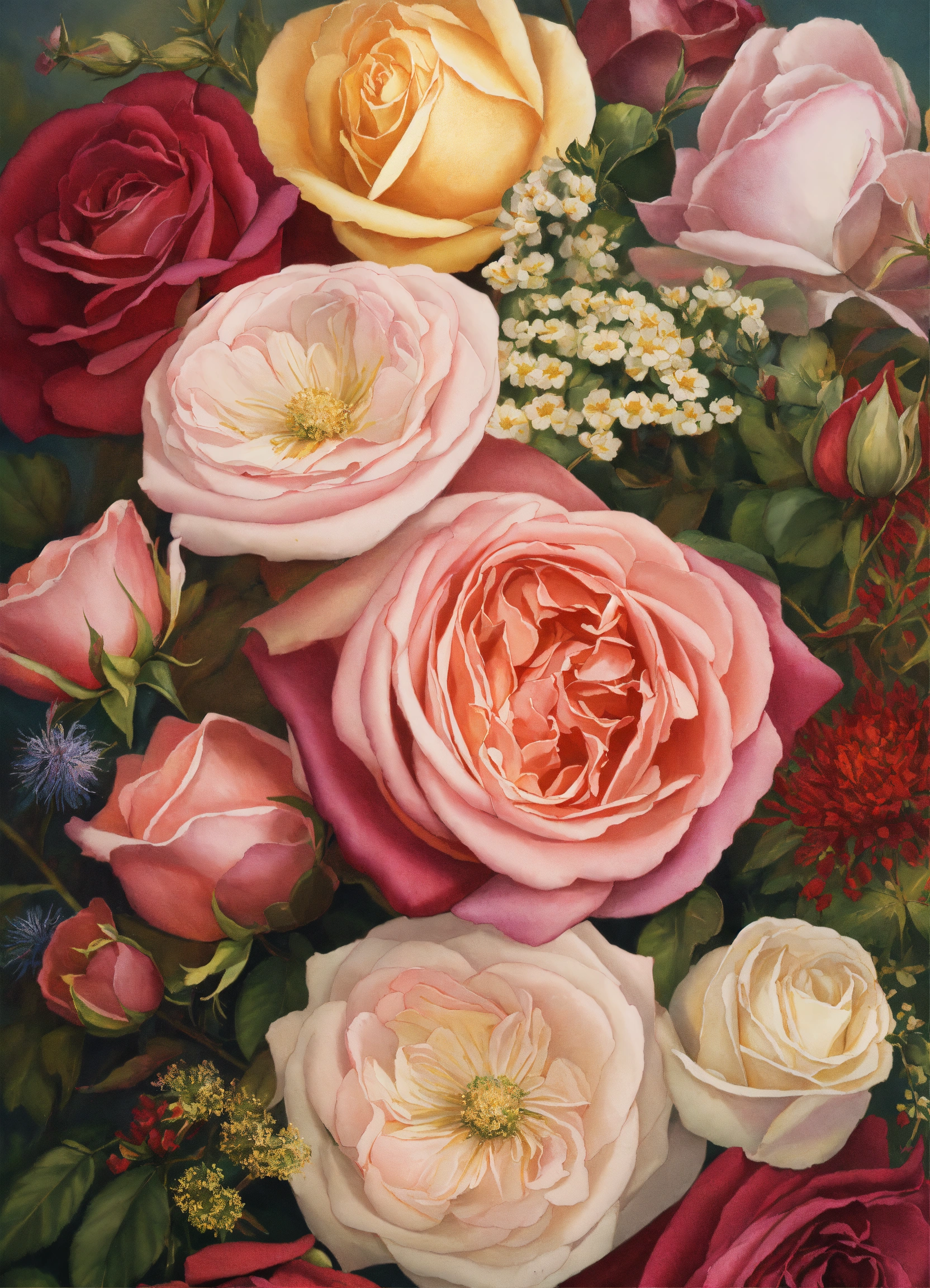 Lexica - A photorealistic image of roses and wildflowers on an elegant ...