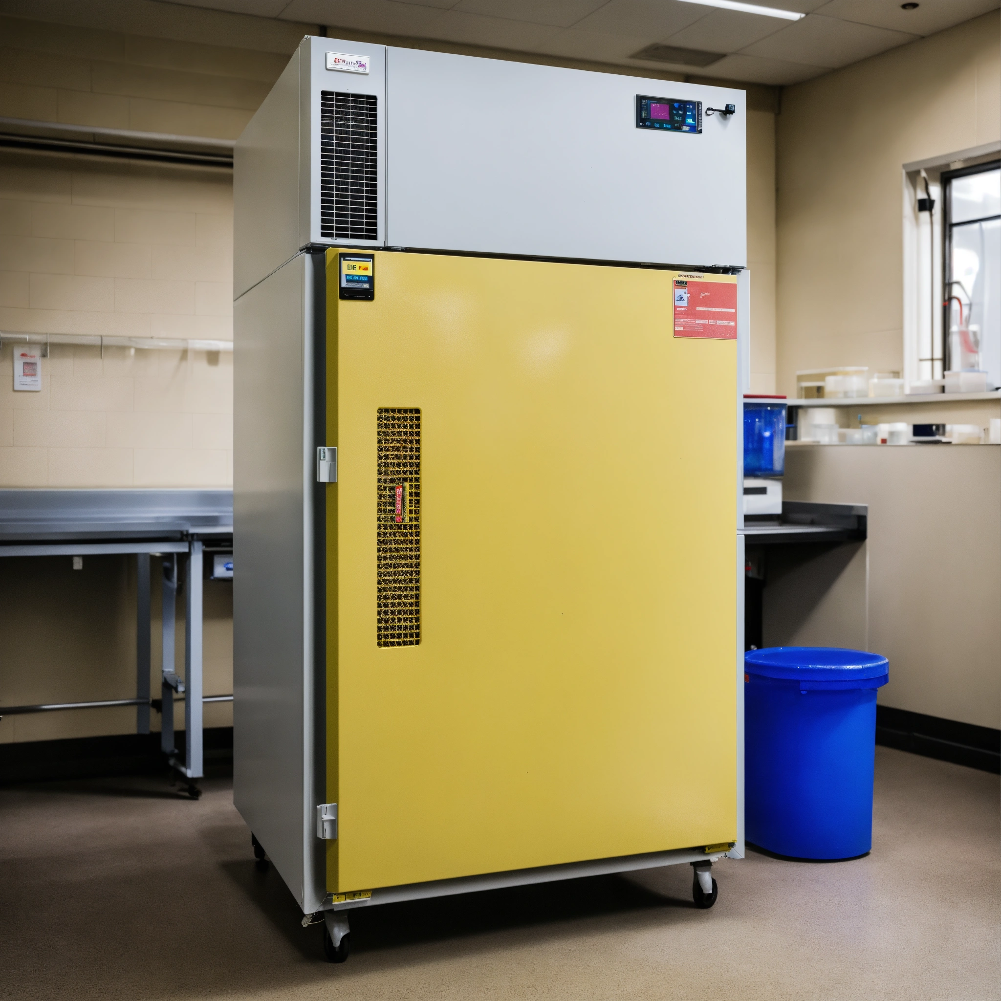 Lexica A photo of a laboratory freezer. The freezer is new and in