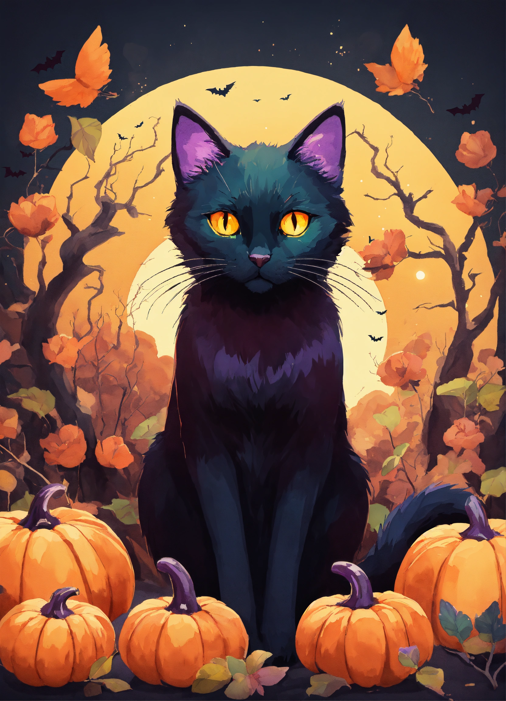Lexica - A detailed illustration a Halloween black cat with halloween ...