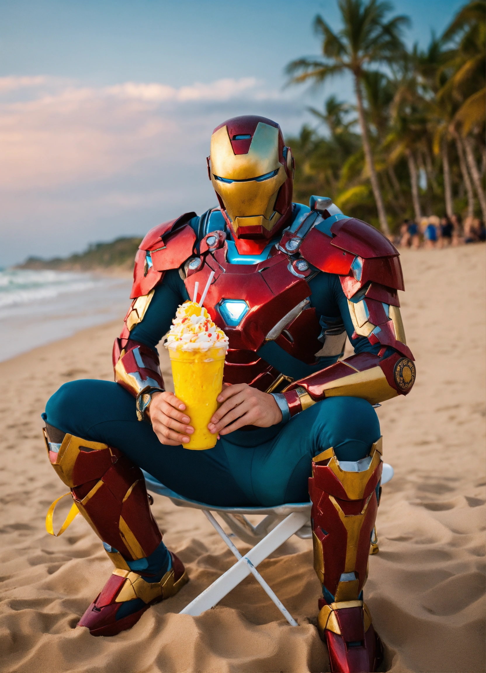 Lexica - Homem de ferro, na praia, comendo sorvete e milkshake em 8k