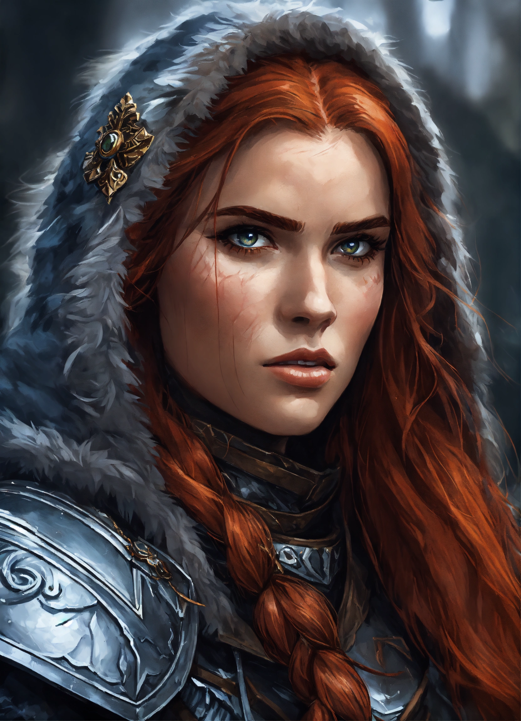 Lexica - A close up of an red haired female wearing wolf pelt shoulder ...