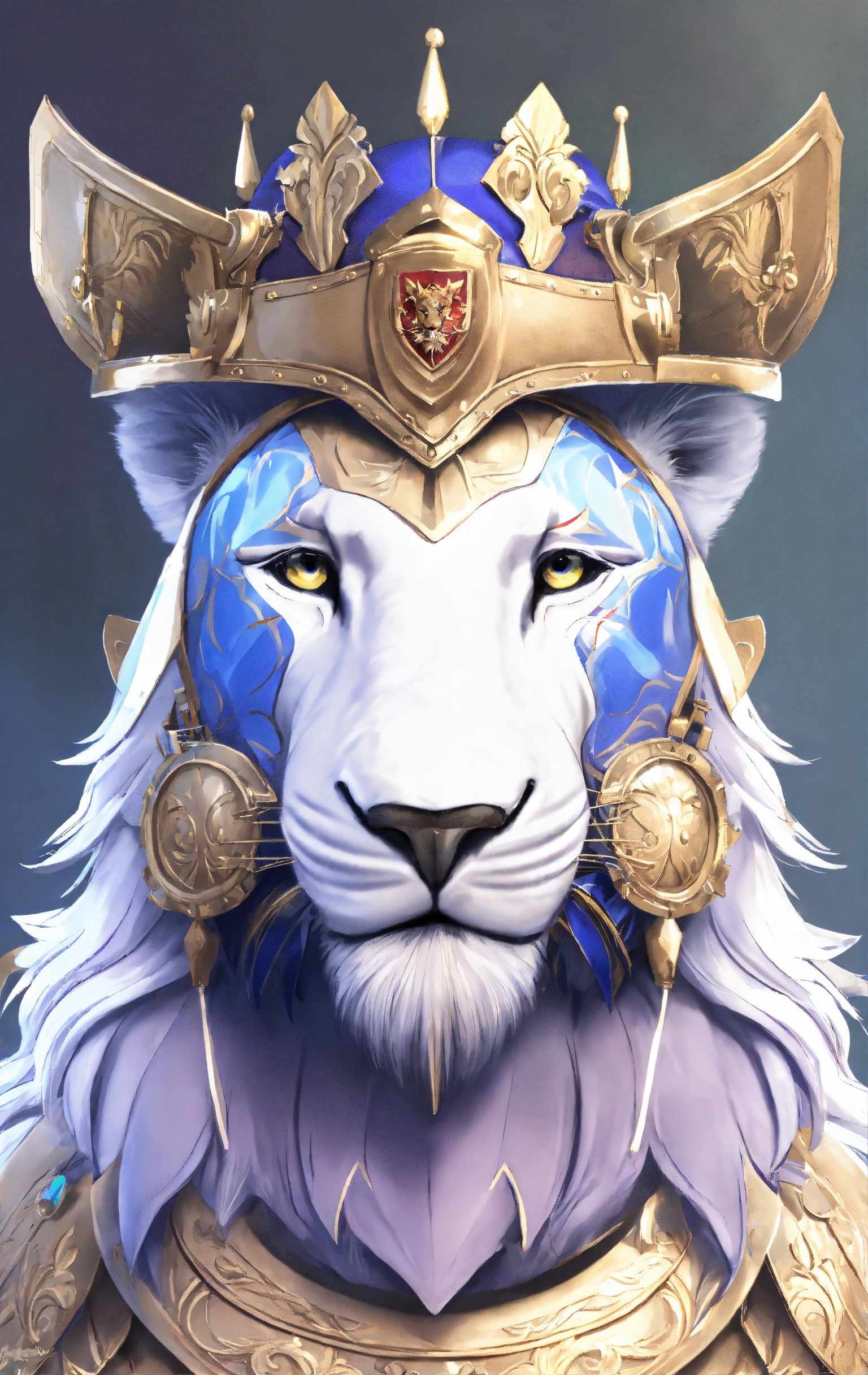 Lexica - Lion, in a medieval helmet, with multi-colored eyes