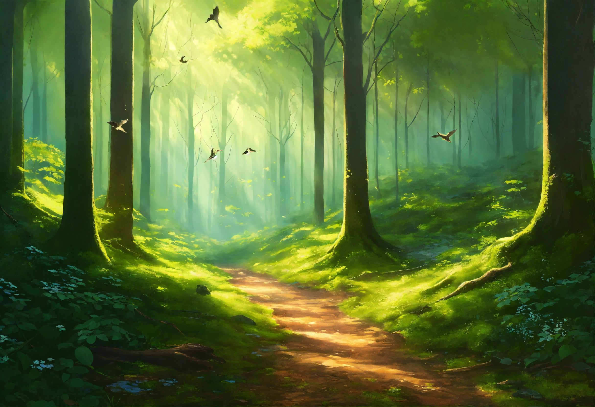 Lexica - A tranquil forest landscape with gentle rays of sunlight ...