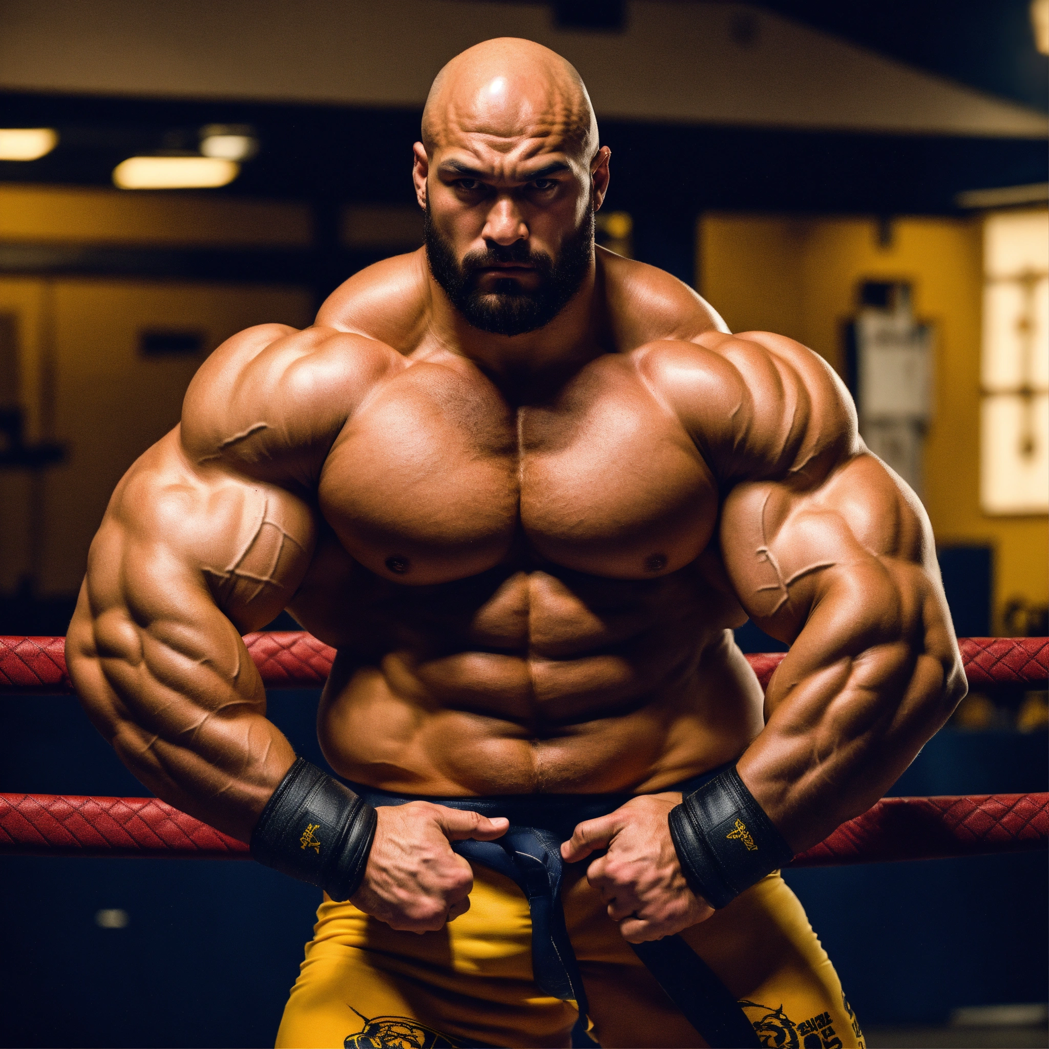 Lexica 30yearold wrestler with big muscles in a dojo, bodybuilder