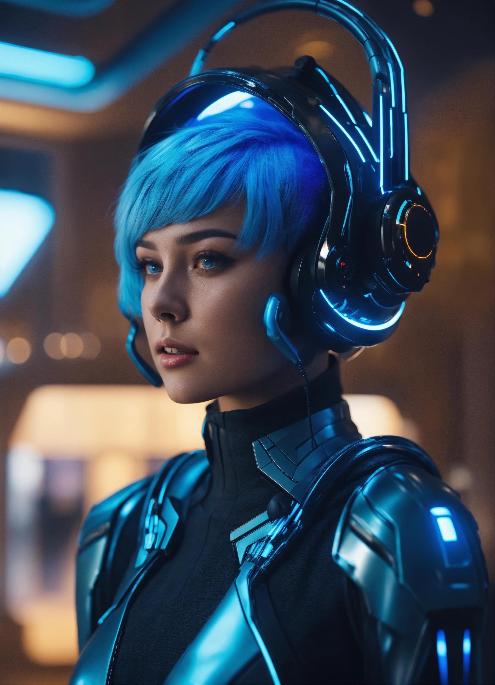Lexica - Zoom out of a beautiful girl with short blue hair wearing a ...