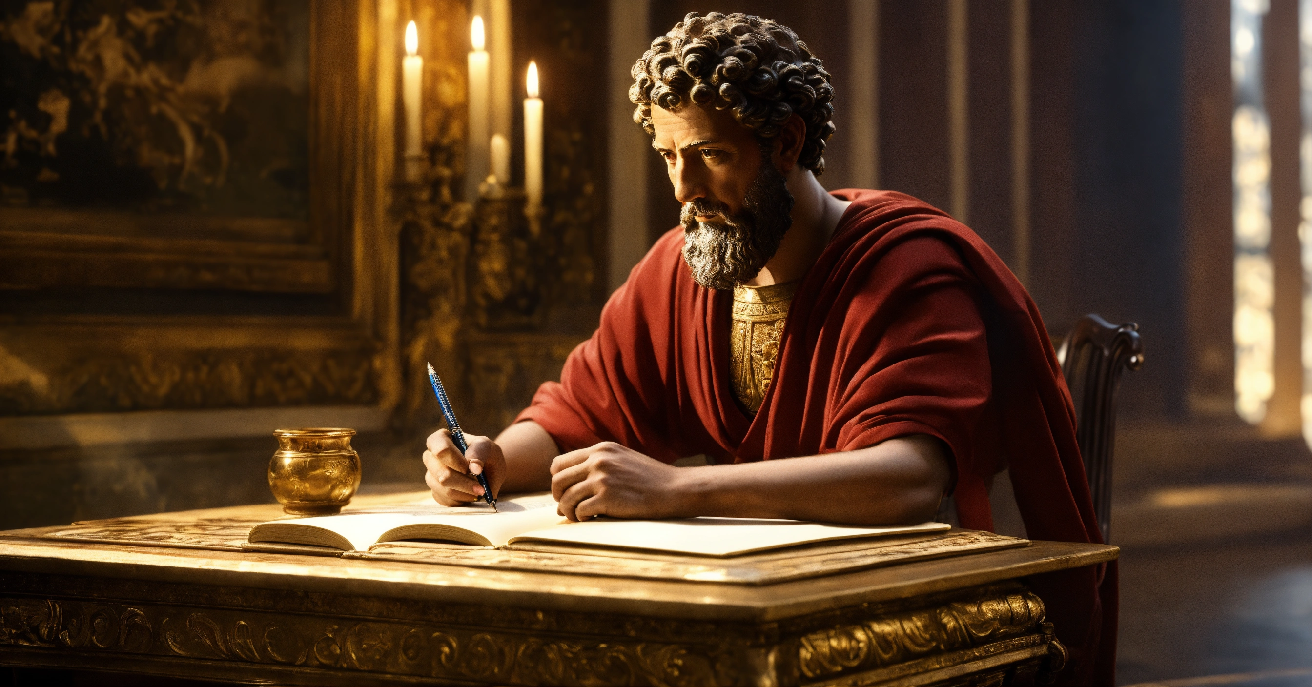 Lexica - Marcus Aurelius, learning, writing, on a table, accumulates ...