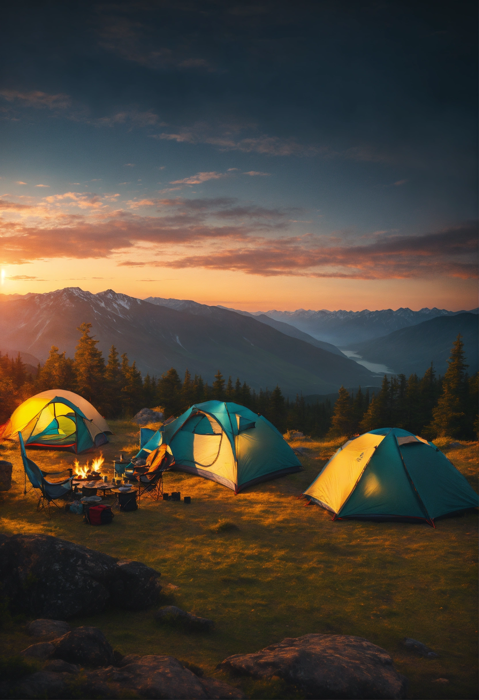 sleeping bags, camping, tents, mountainous area, sunset