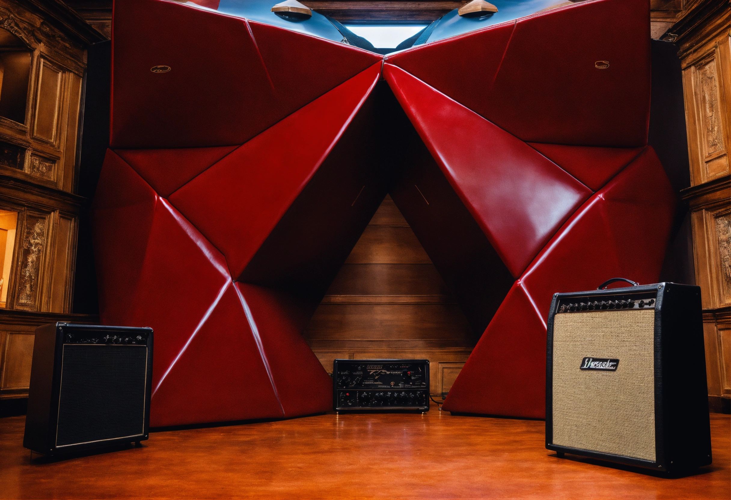 Lexica - A gigantic triangular shaped red leather guitar amplifier.