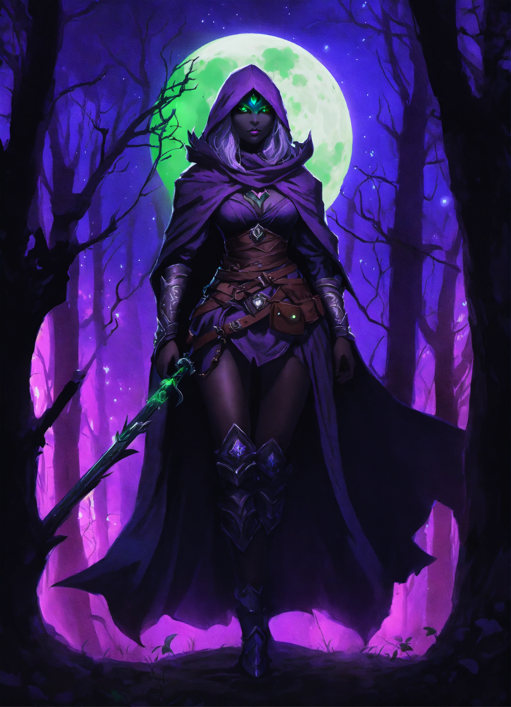 Lexica - Shadow dark female drow, green glowing eyes, with dark purple ...