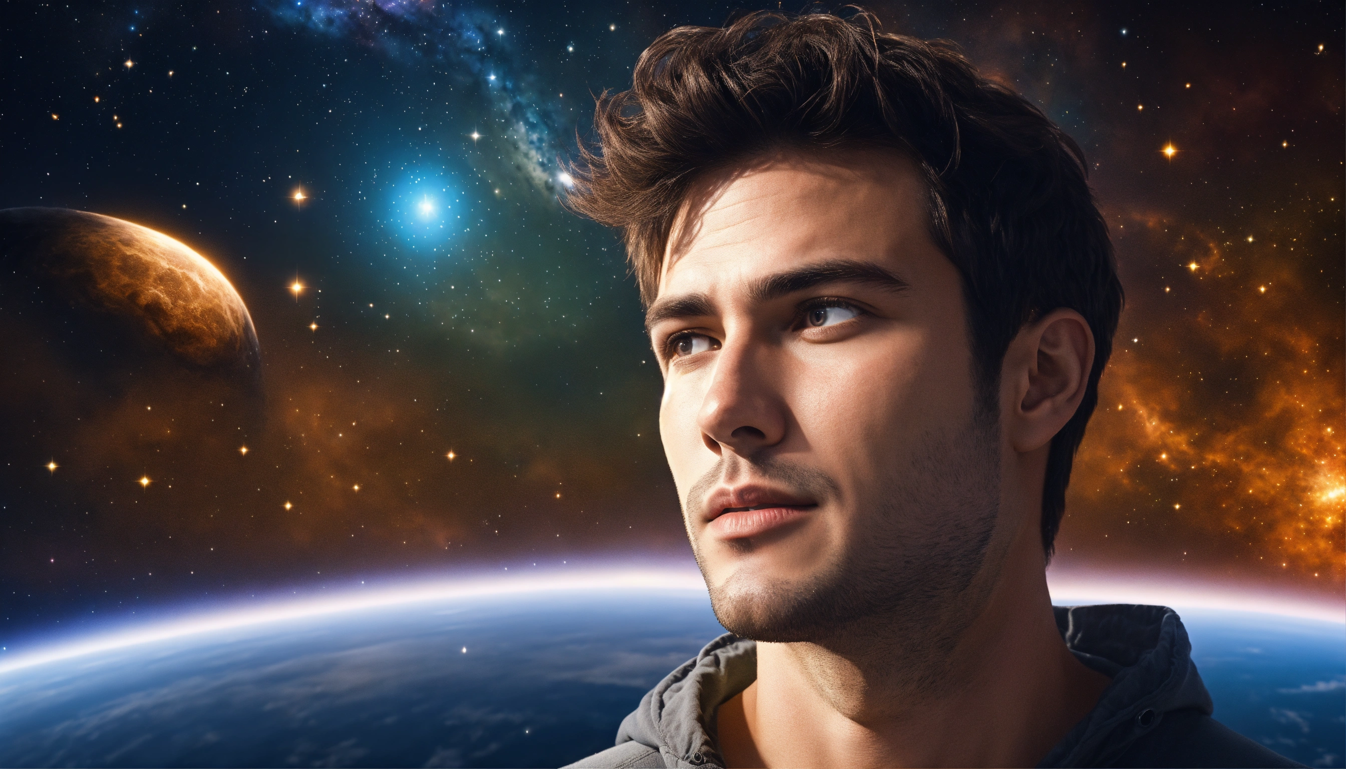 Lexica - Handsome man, looking up at the universe in the background, 4k ...
