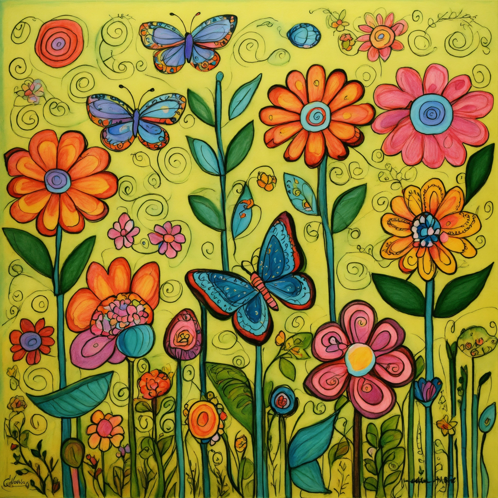 Lexica - Art drawing flowers and butterflies scene folk art style ...