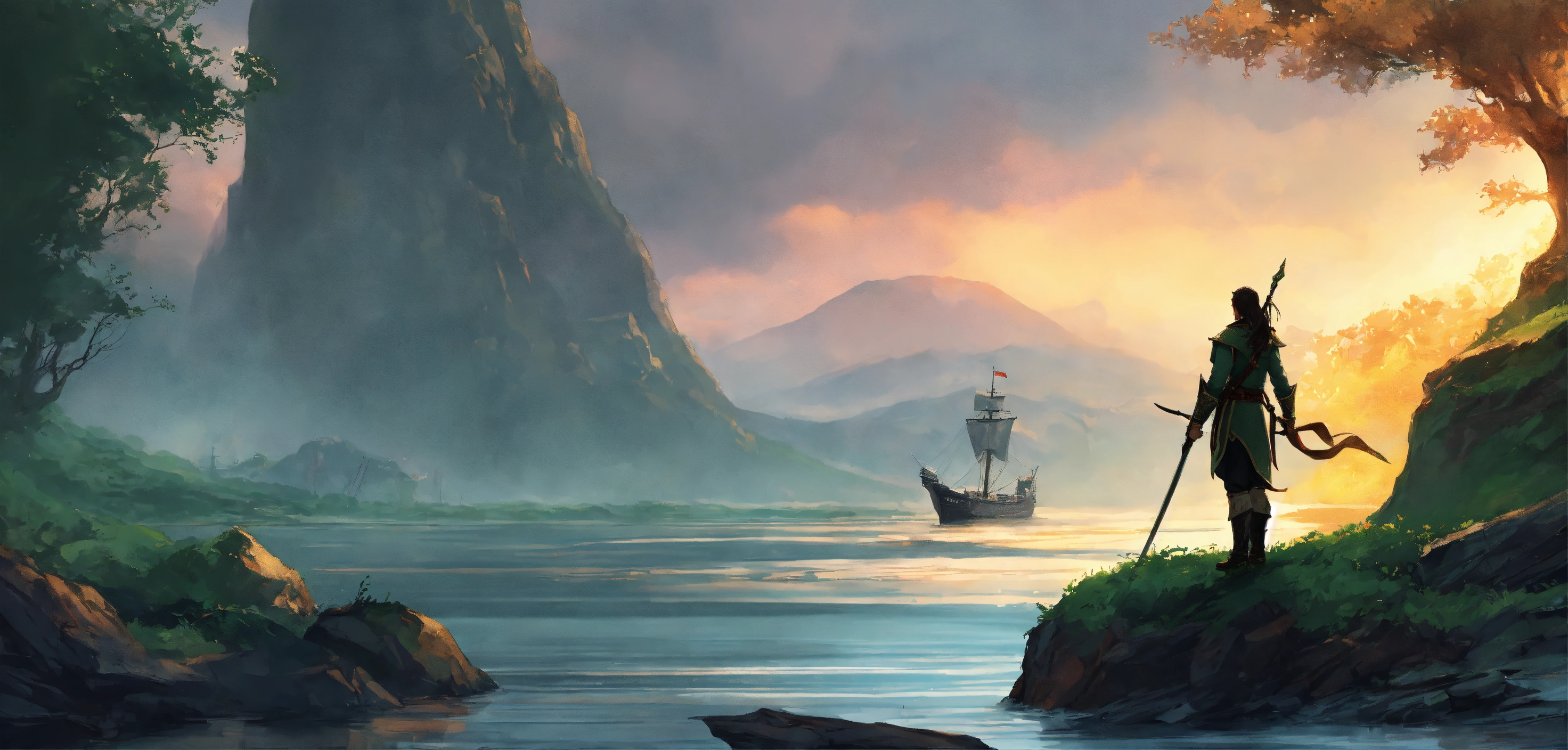 Lexica - Fantasy setting, elf warrior standing on a river bank looking ...
