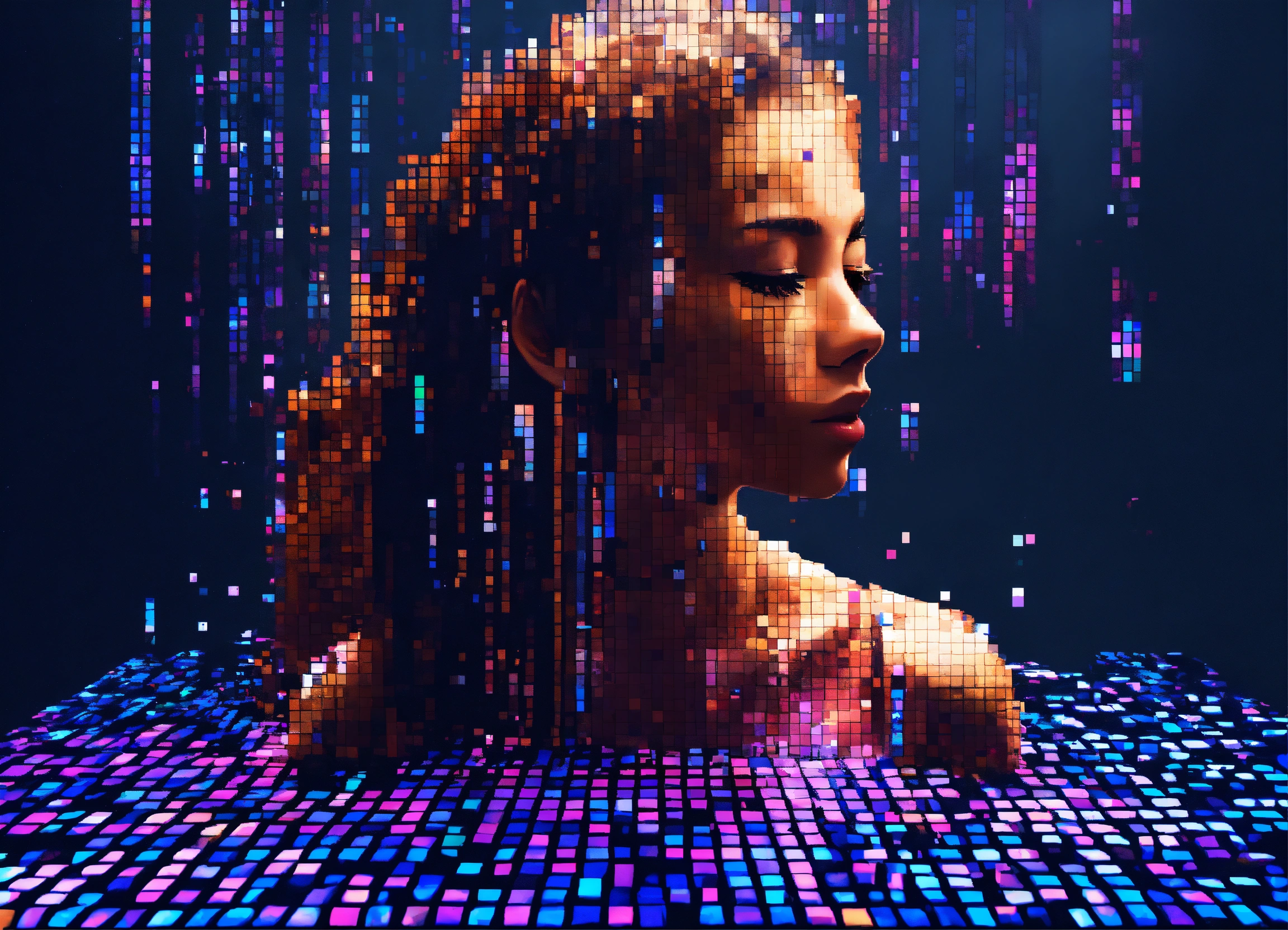 Lexica - A woman being pixelated and the pixels detaching from her and ...