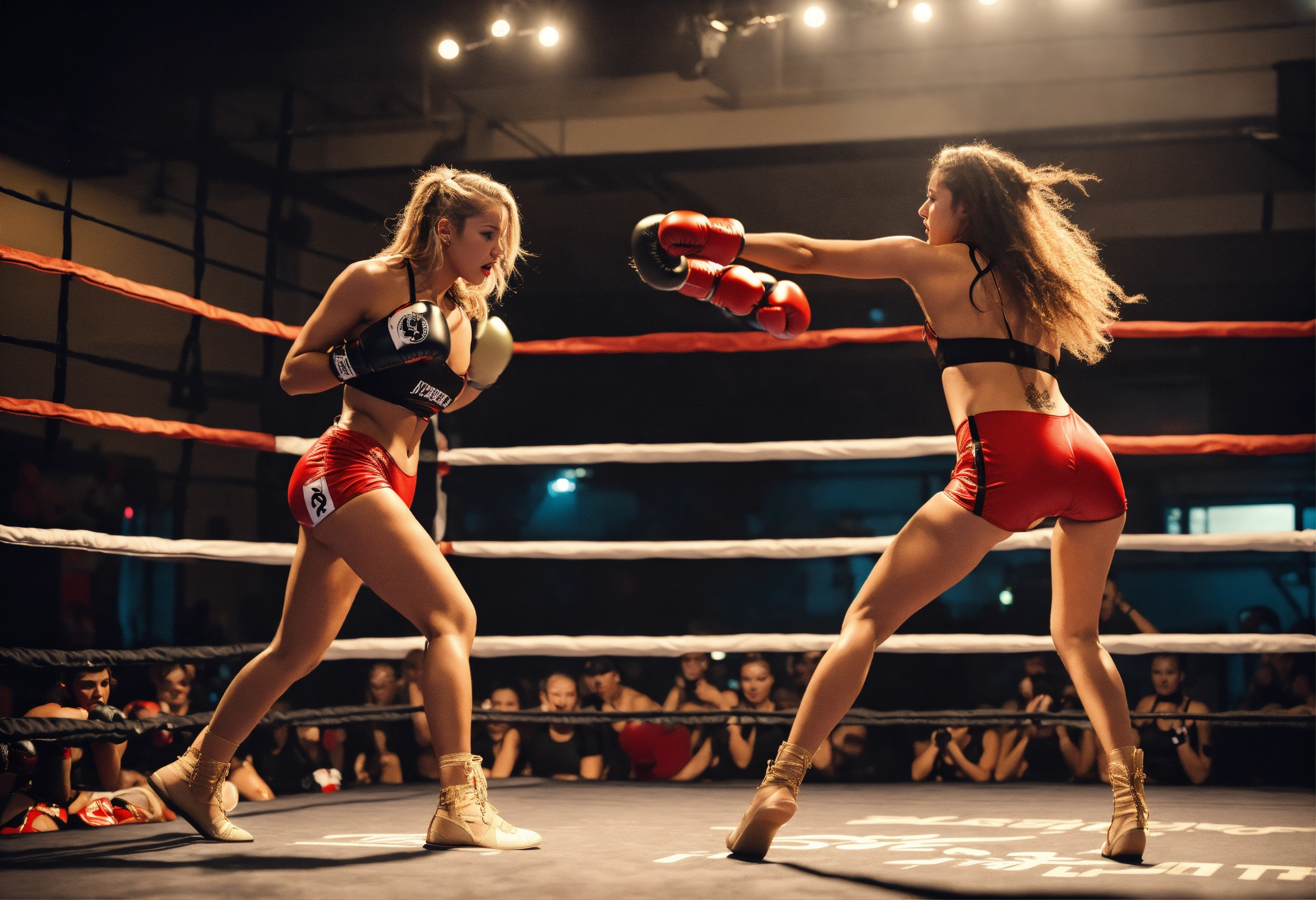 Lexica - Two females, in monokini, 38D cup, fighting in boxing ring