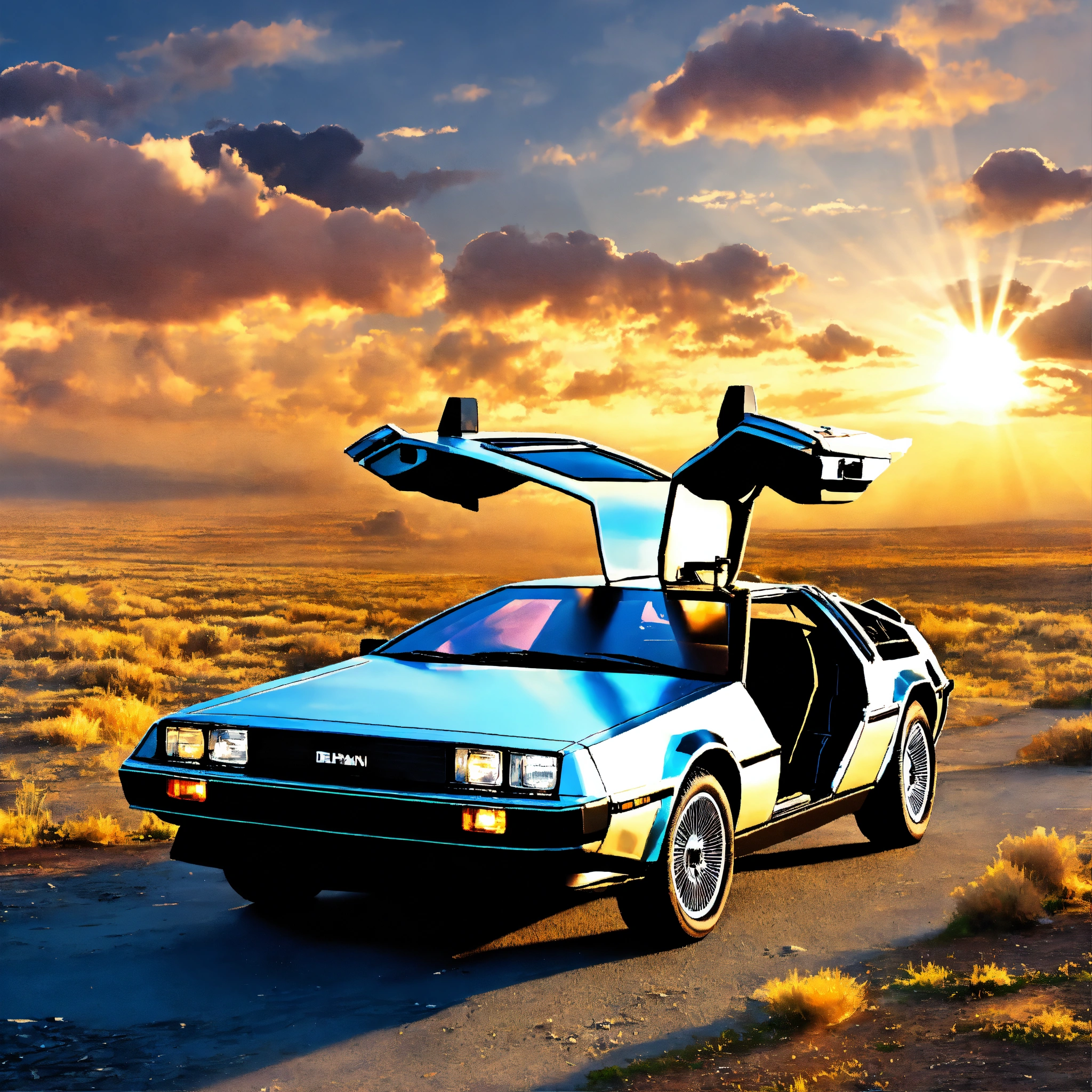 Lexica - Delorean car without wheels in the sky, flying in sunset sky ...