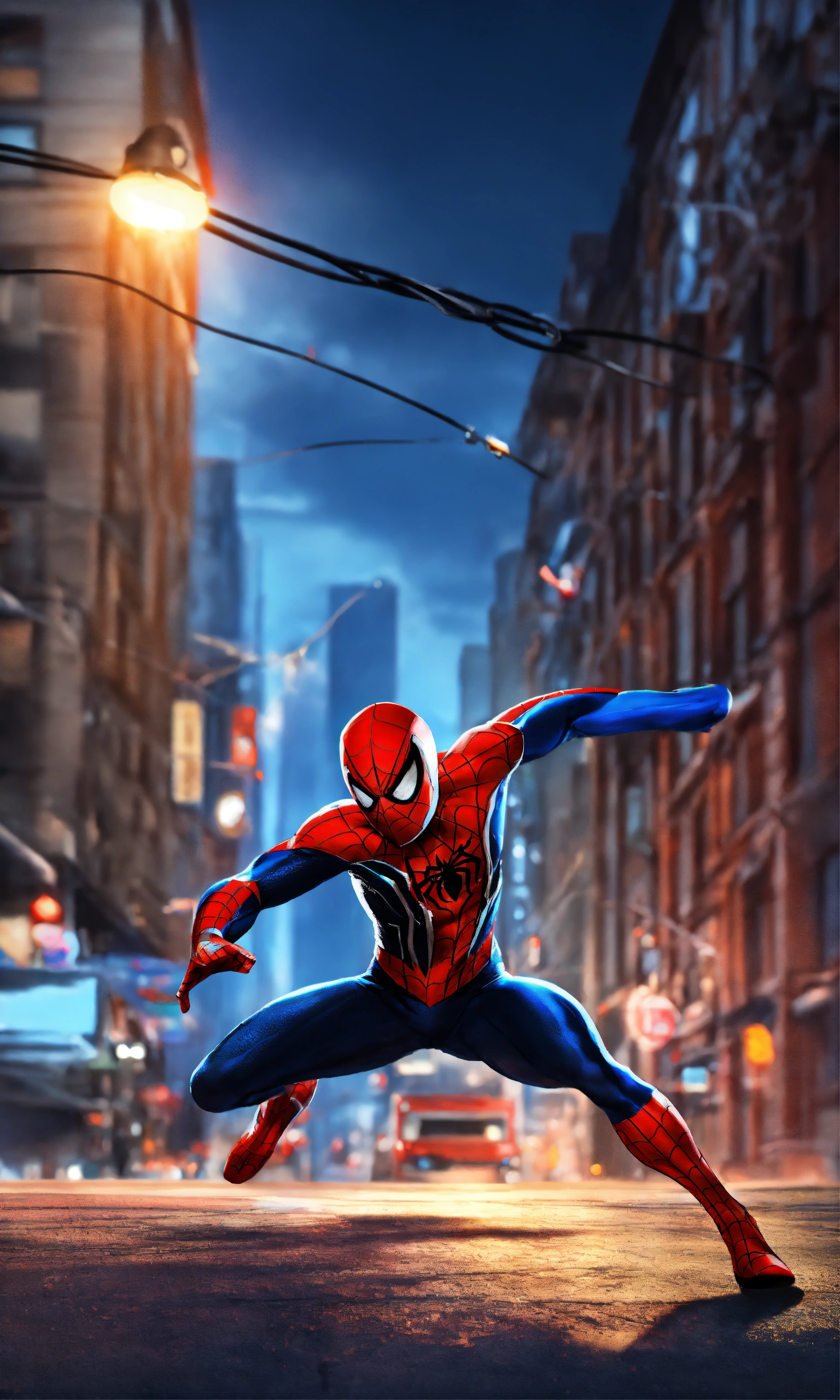 Lexica - Spiderman fighting, 2D render, city street