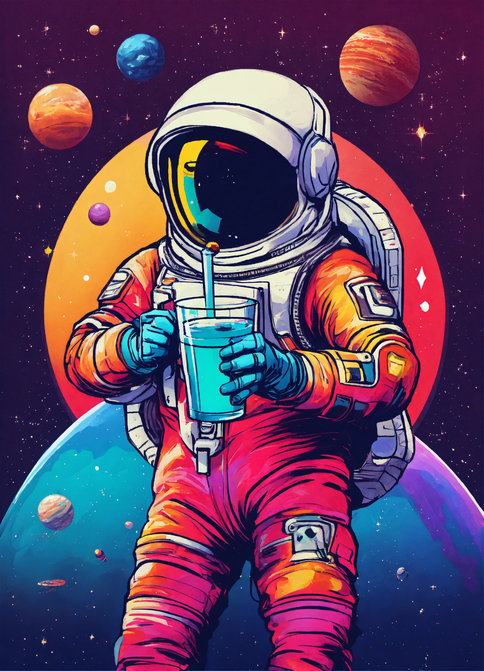 Lexica - Colourful space man dancing chilling with a drink design