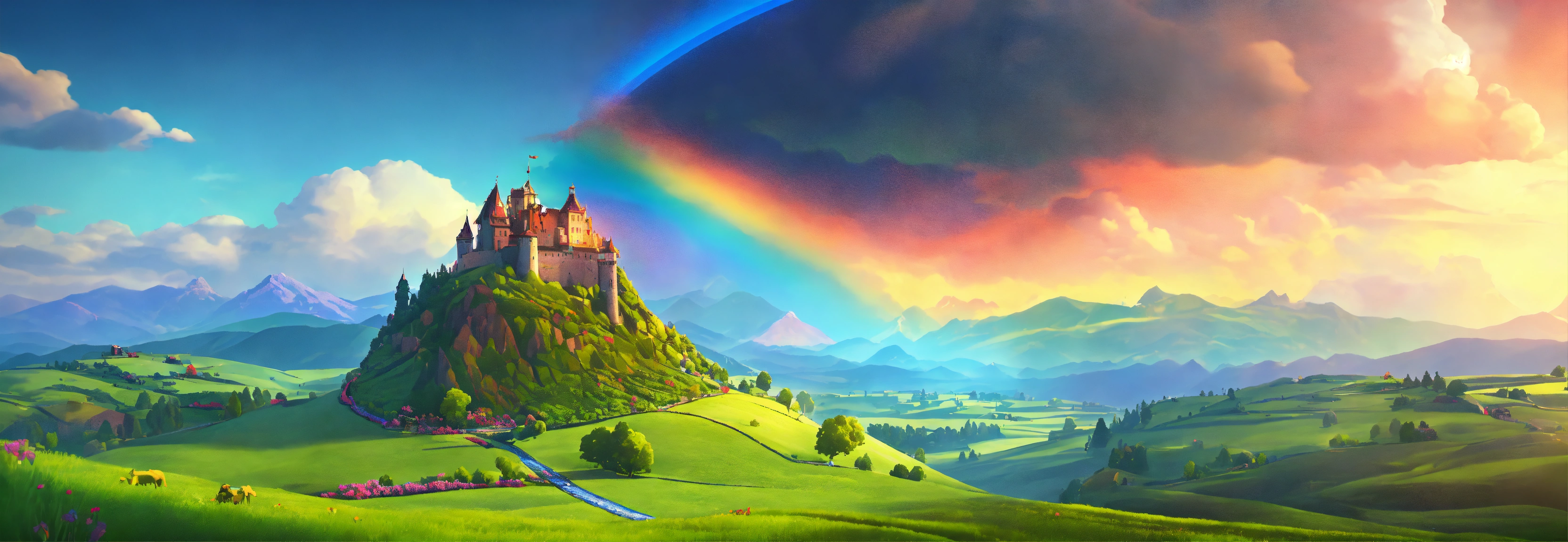 Lexica - Fantasy cartoon landscape with a green field with moutains and ...