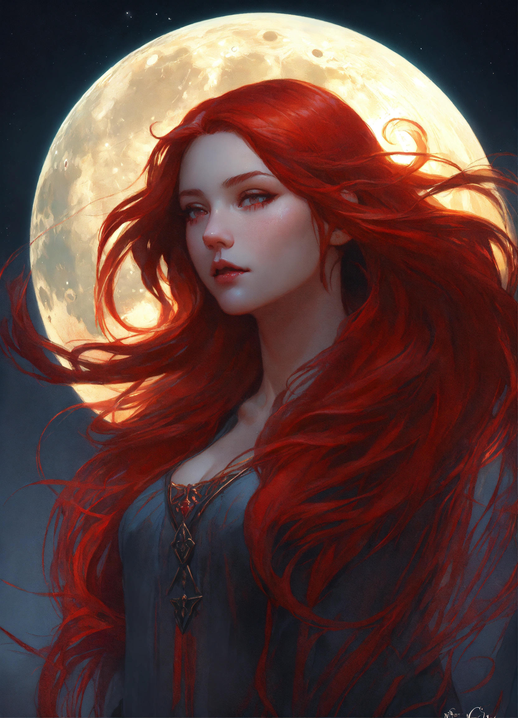Lexica Beautiful, red hair, vampire, long hair, mysterious moonlit