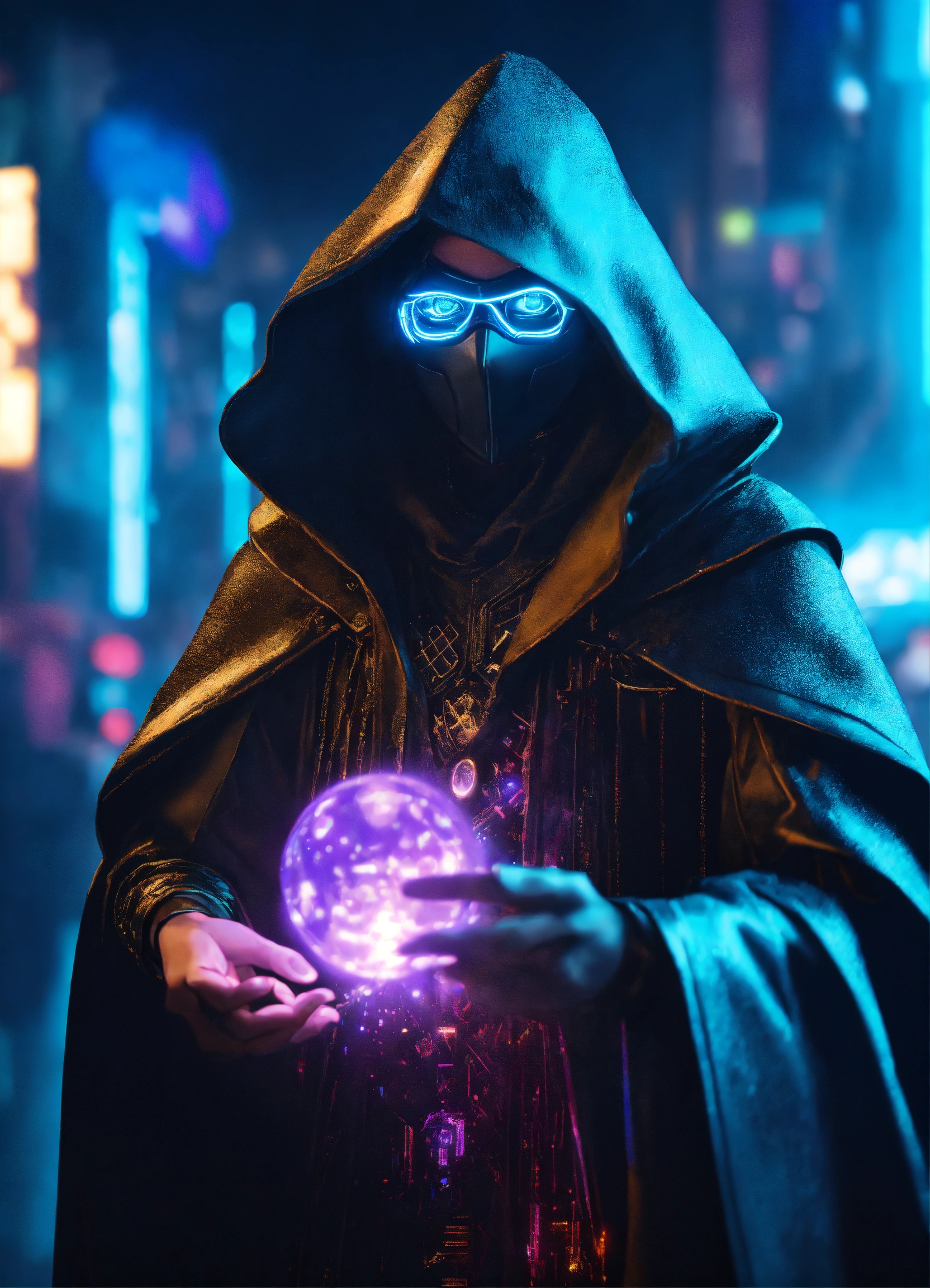 Lexica - A black and blue cloaked wizard casting a spell, masked ...