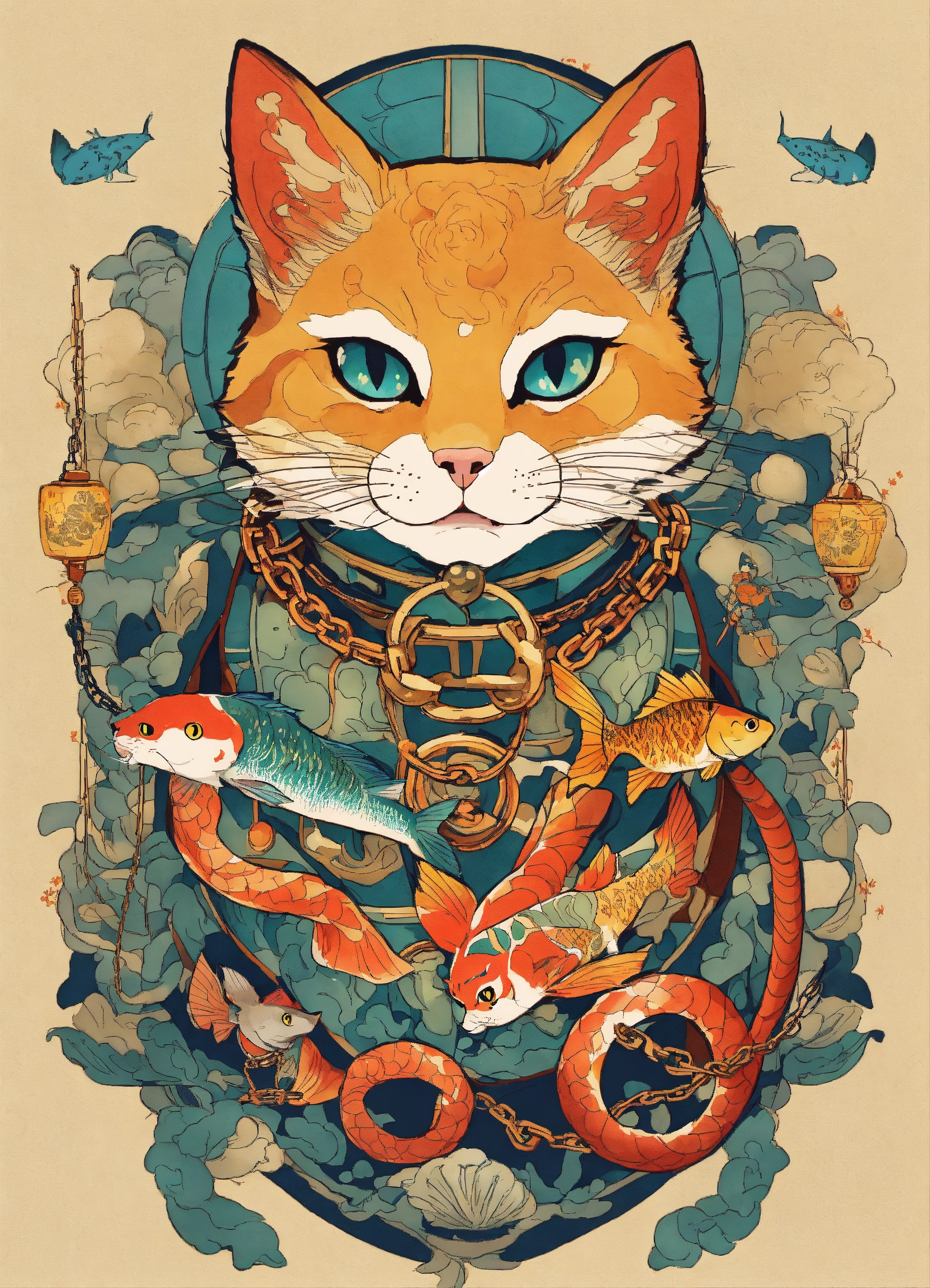 Lexica - There is a cat with a chain around its neck and a fish tattoo ...