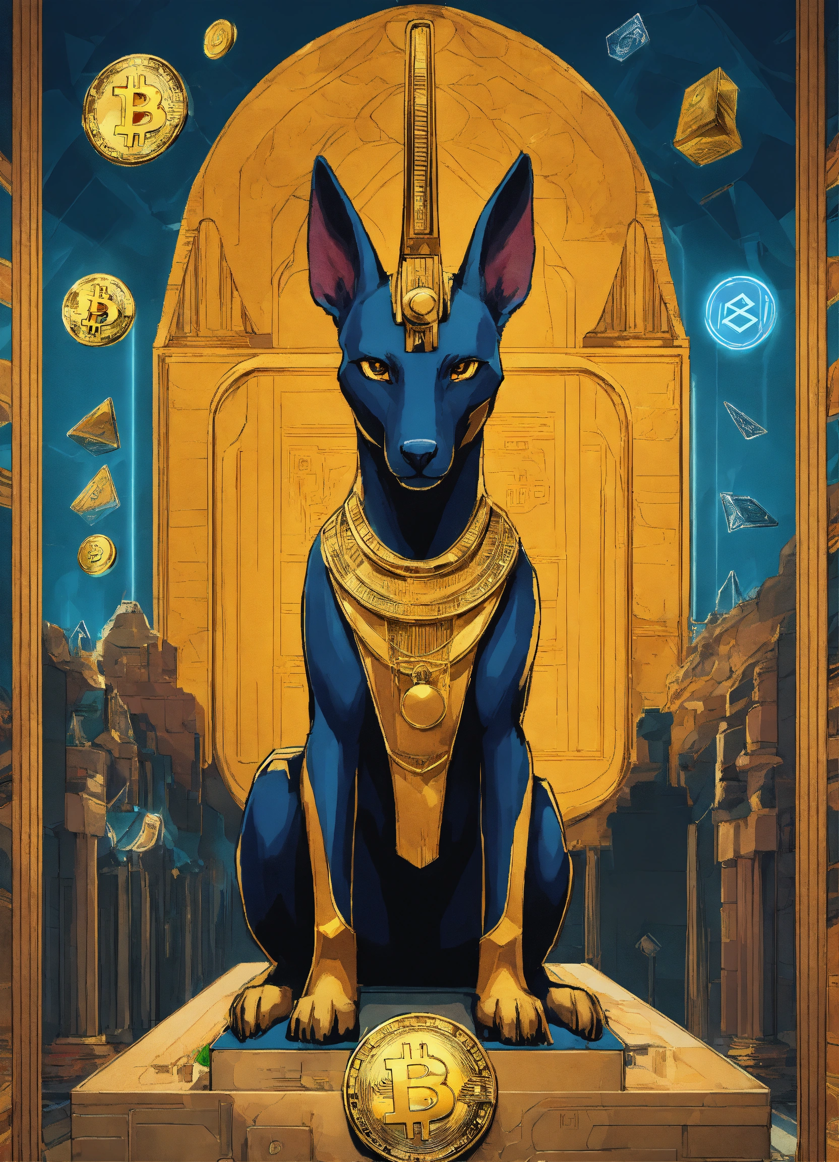 Lexica - Advertising poster of Anubis, surrounded by cryptocurrency