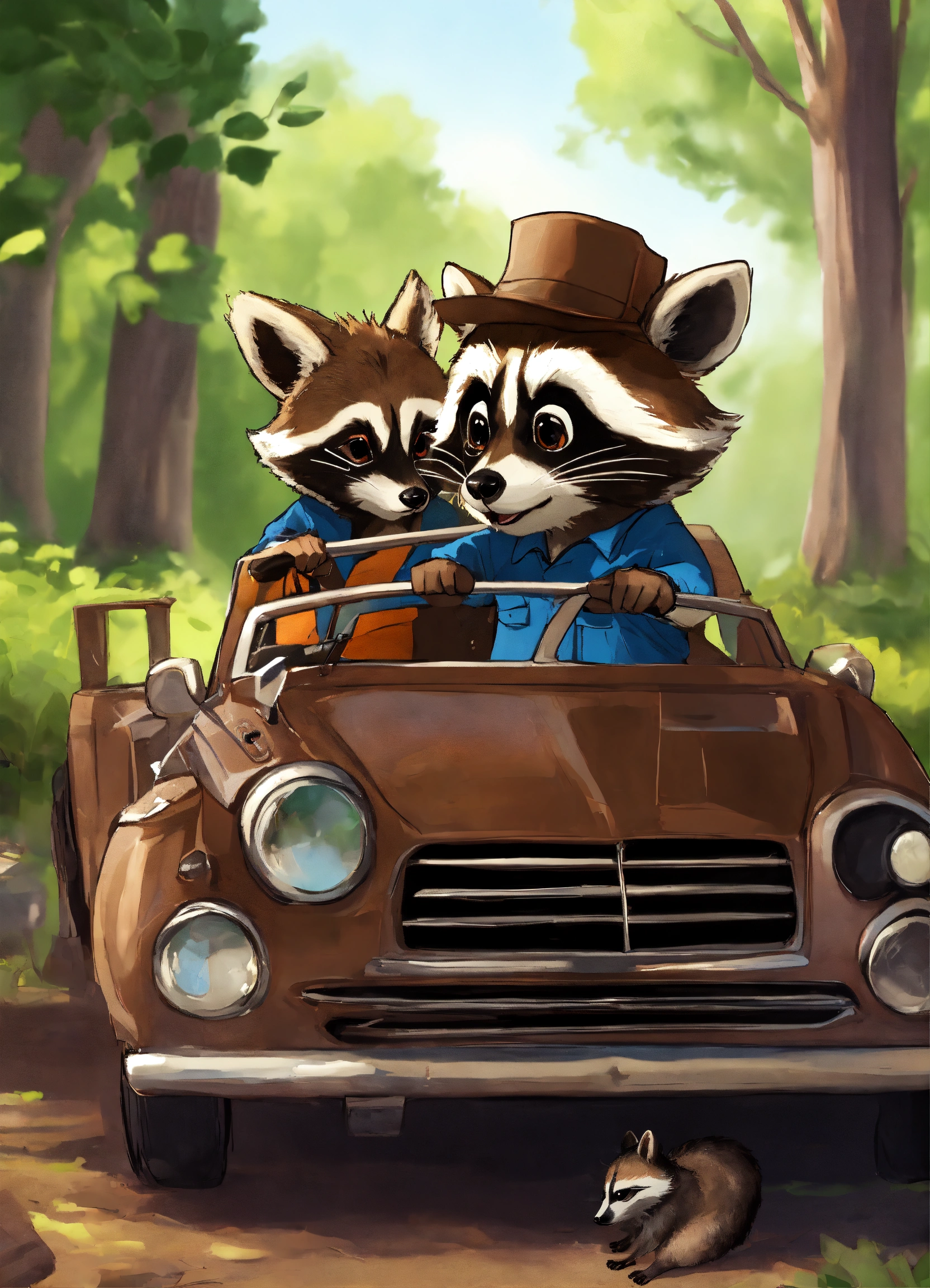 Lexica - A raccoon father teaching a raccoon son how to fix a car, life ...