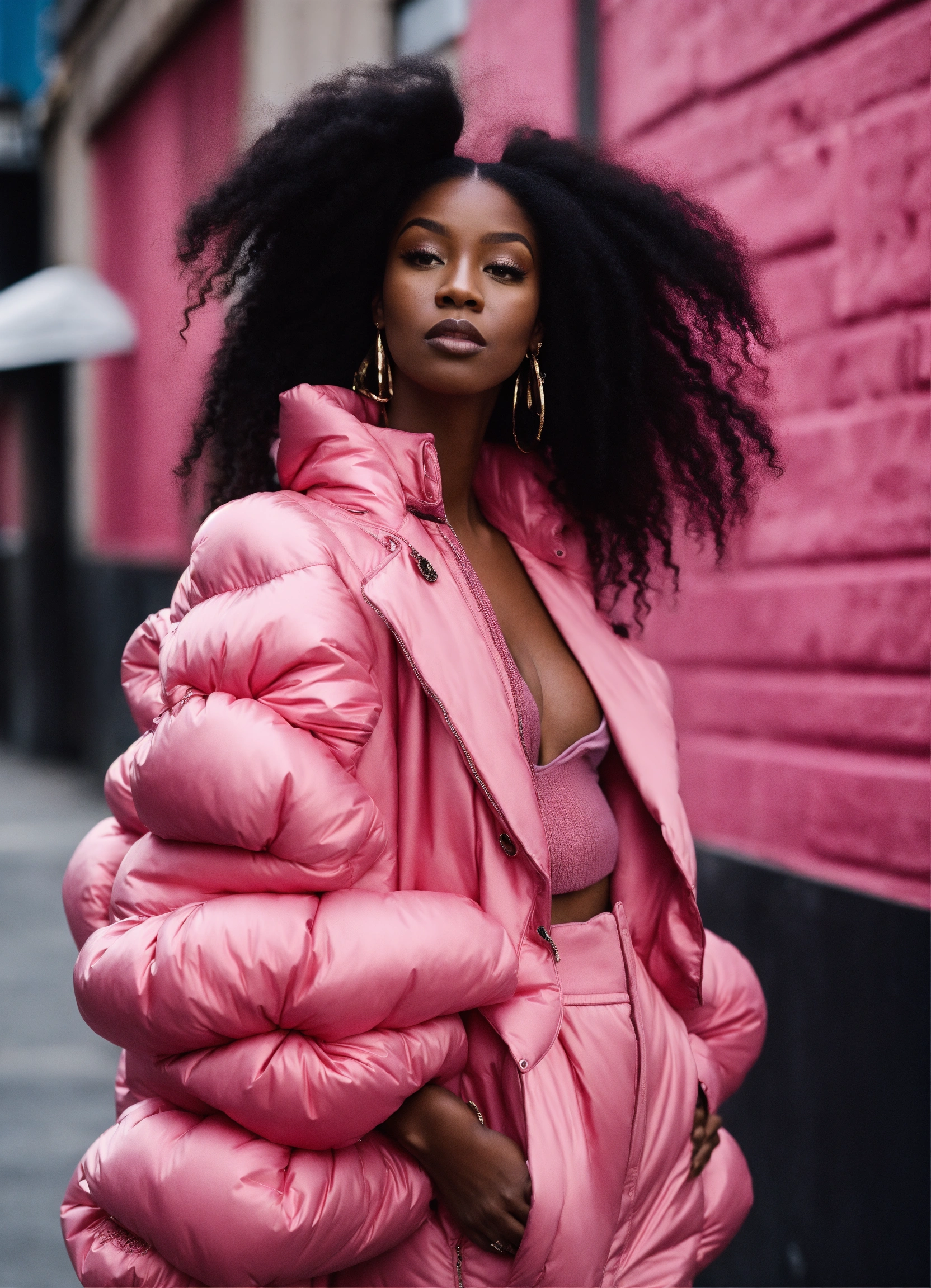 Lexica - Black woman, in pink high fashion street wear with puffer ...