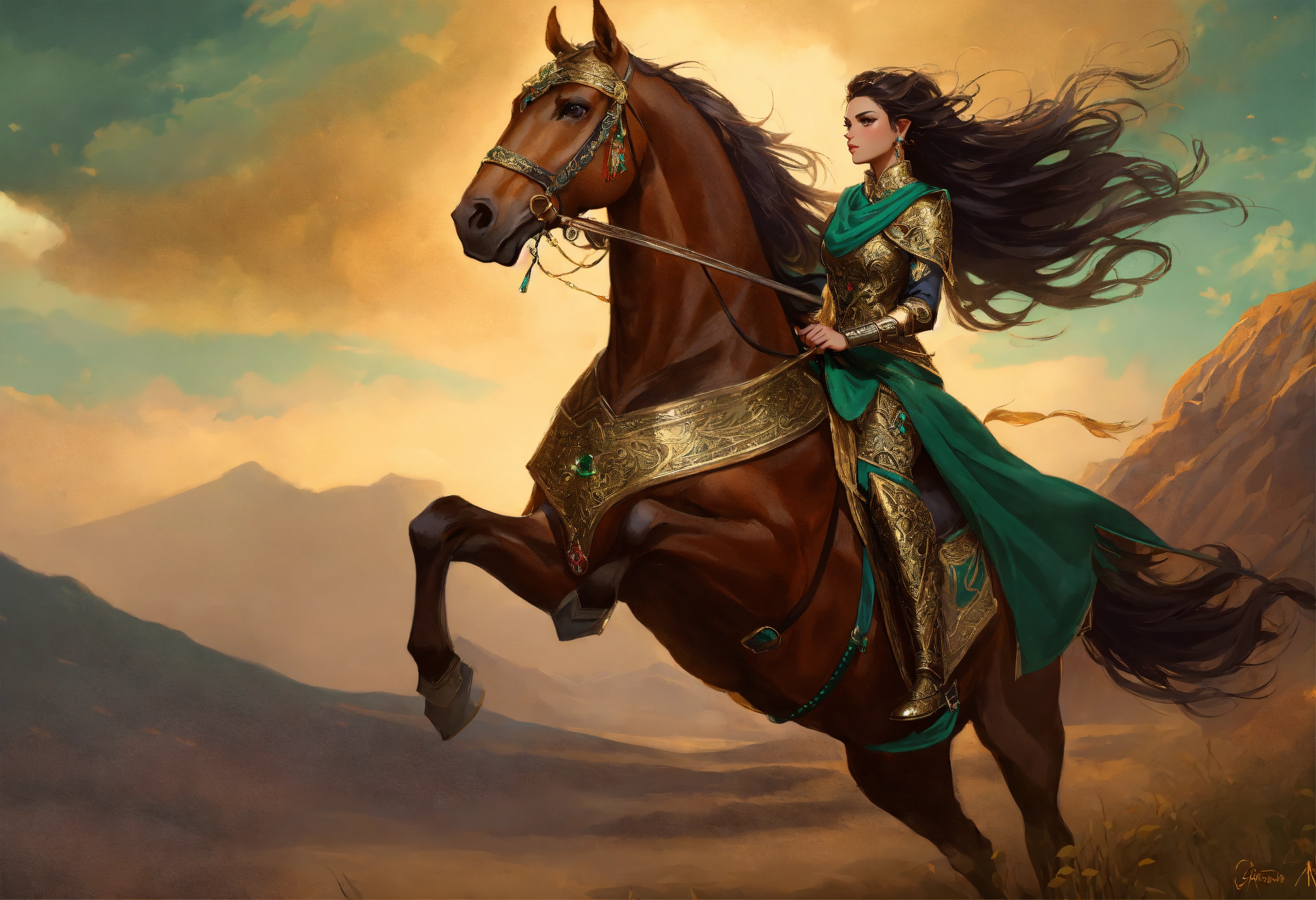 Lexica - Gorgeous Persian elf female warrior riding large brown horse ...