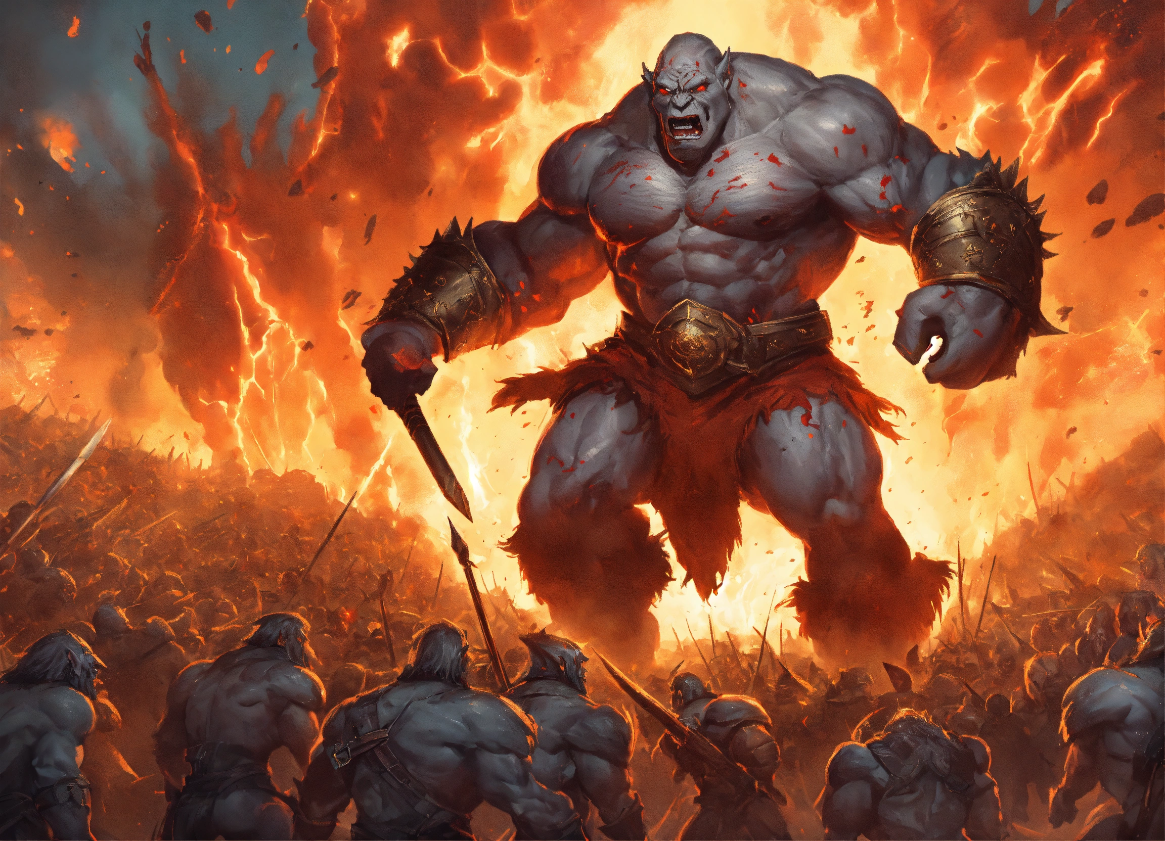 Lexica - In a devastating fantasy battle, a giant grey orc stands ...
