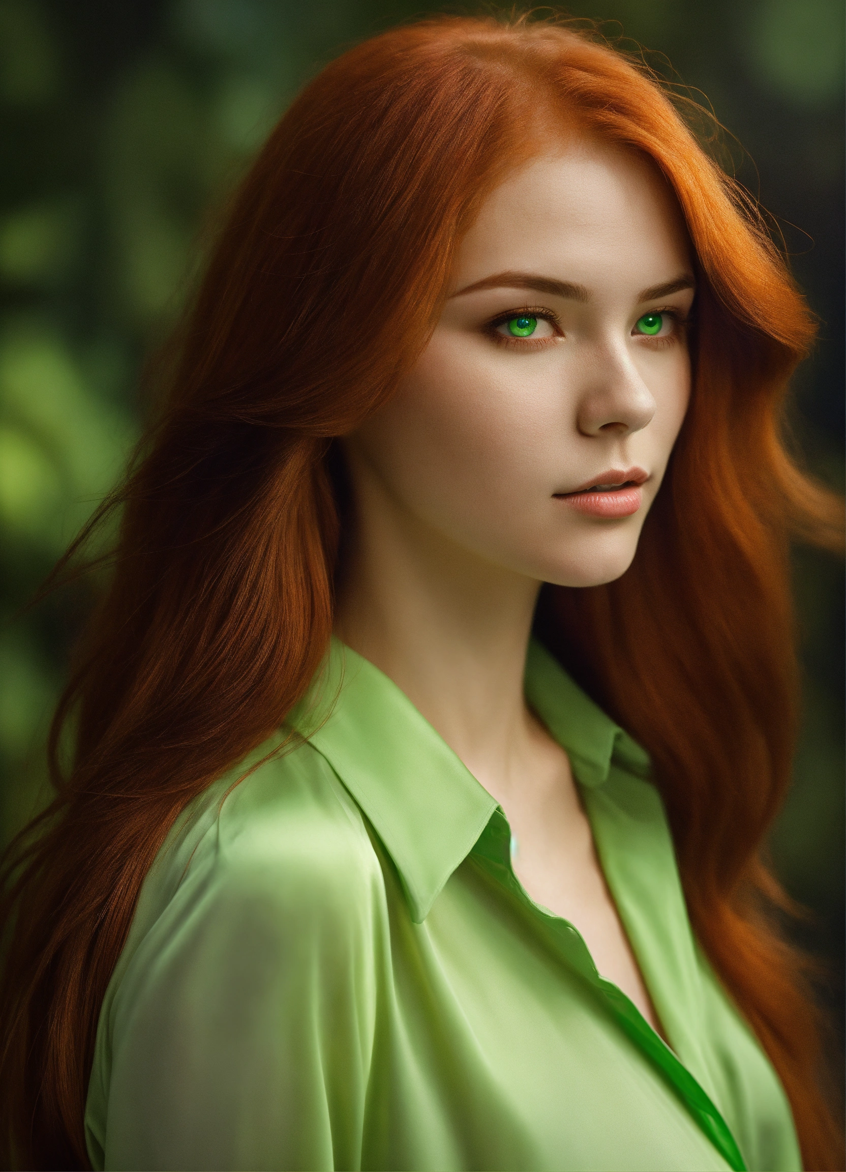 Lexica 2d art. Beautiful redhead with Green eye colour. Straight hair