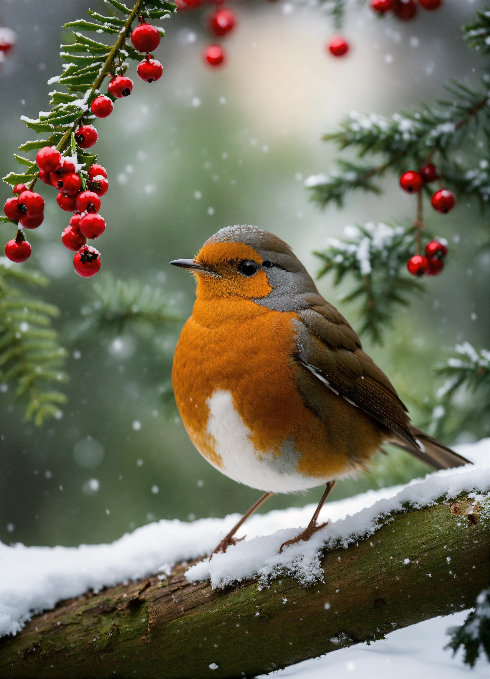 Lexica - A BEAUTIFUL CHRISTMAS ROBIN SITTING ON A LOG COVERED IN SNOW ...