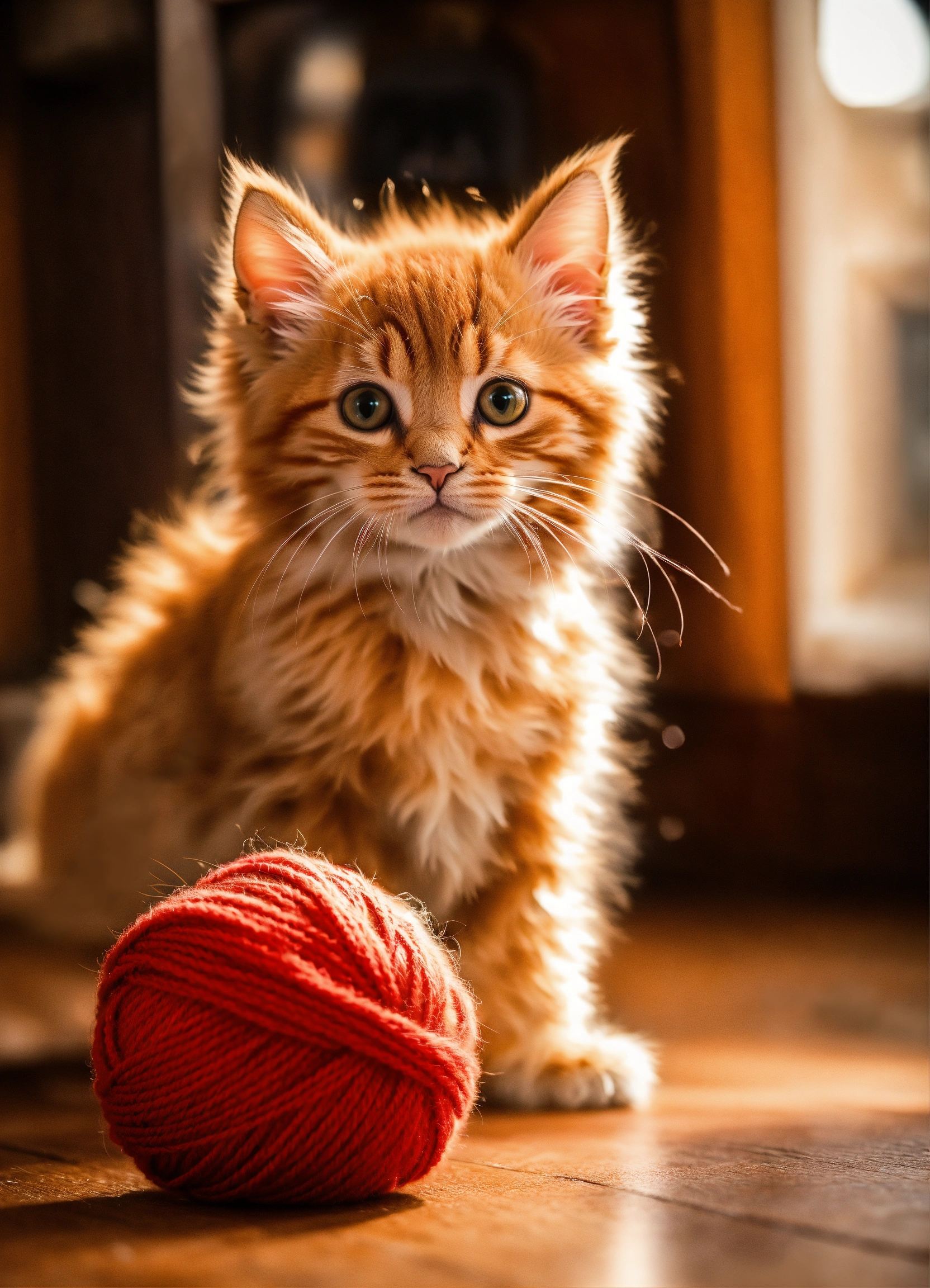 Lexica - RED FLUFFY KITTEN PLAYS WITH A BALL OF WOOL FIREPLACE BACKGROUND