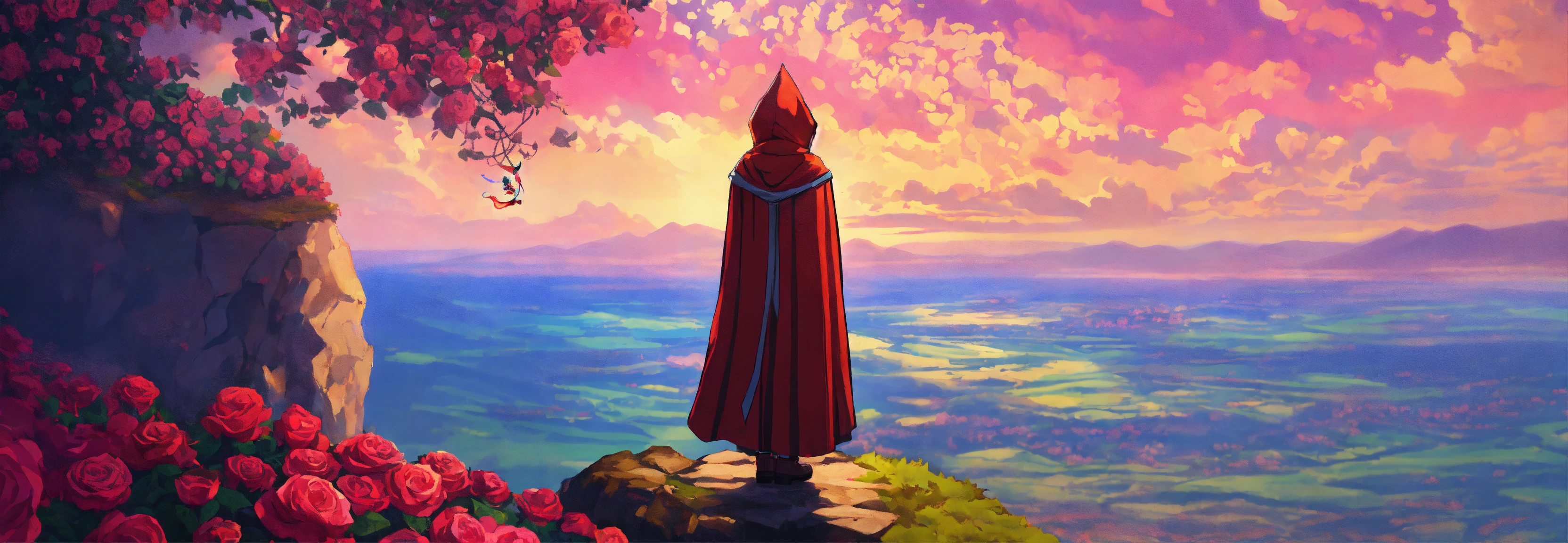 Lexica - Small hooded mage on a cliff gazing over the kingdom of roses ...