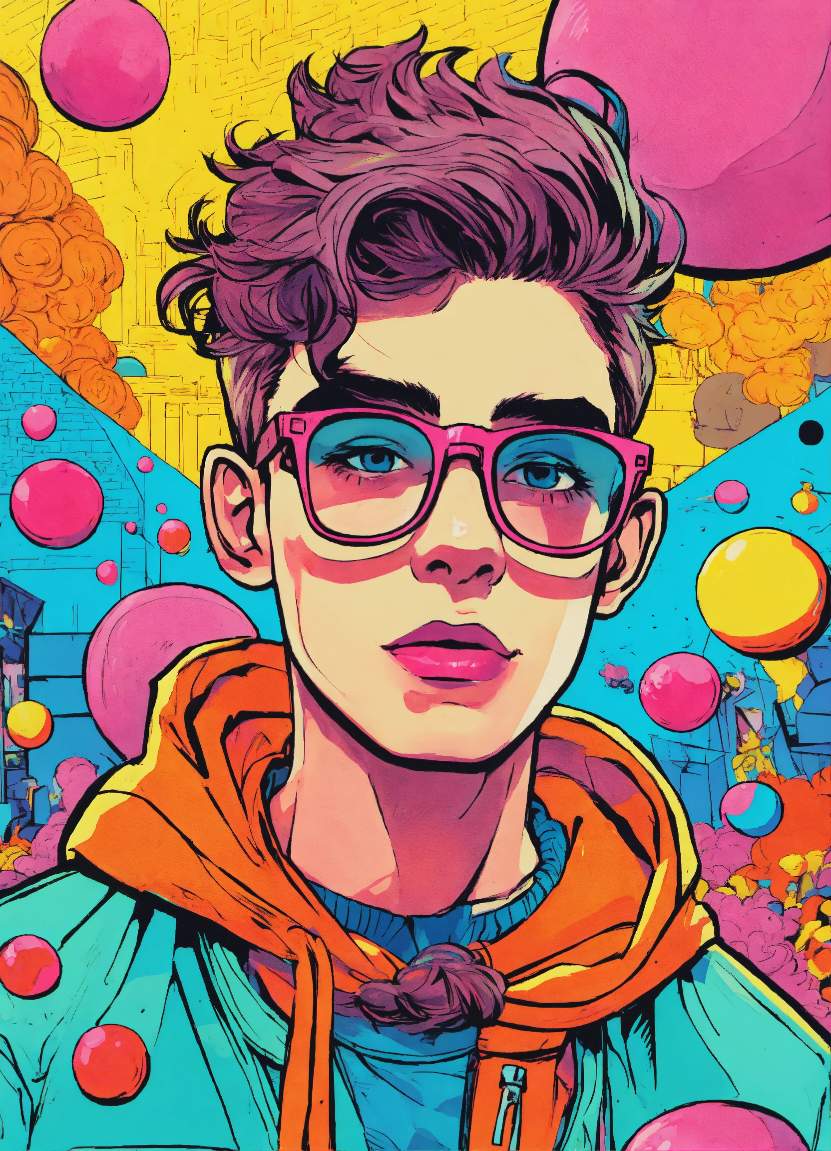 Lexica Comic book style, bright bubblegum colours, 16 year old boy, glasses