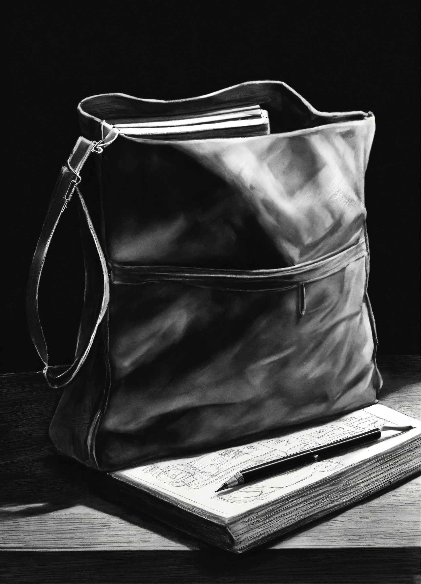 Lexica - A greyscale pencil sketch of a cotton bag with two books ...
