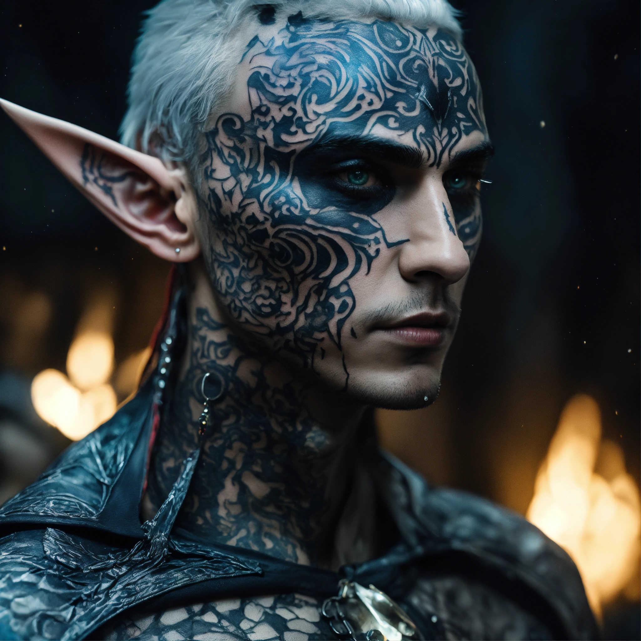 Lexica - Fantasy torso shot of a tatooed male elf, sickly thin, gaunt ...