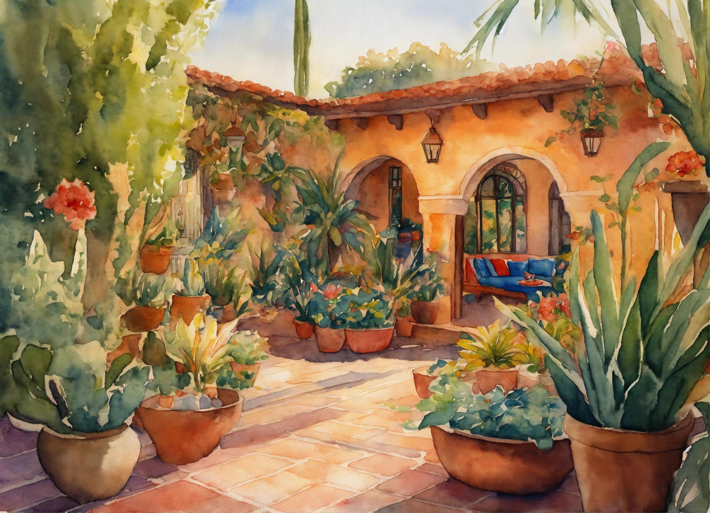 Lexica - Watercolour painting, beautiful Mexican garden, warm light ...