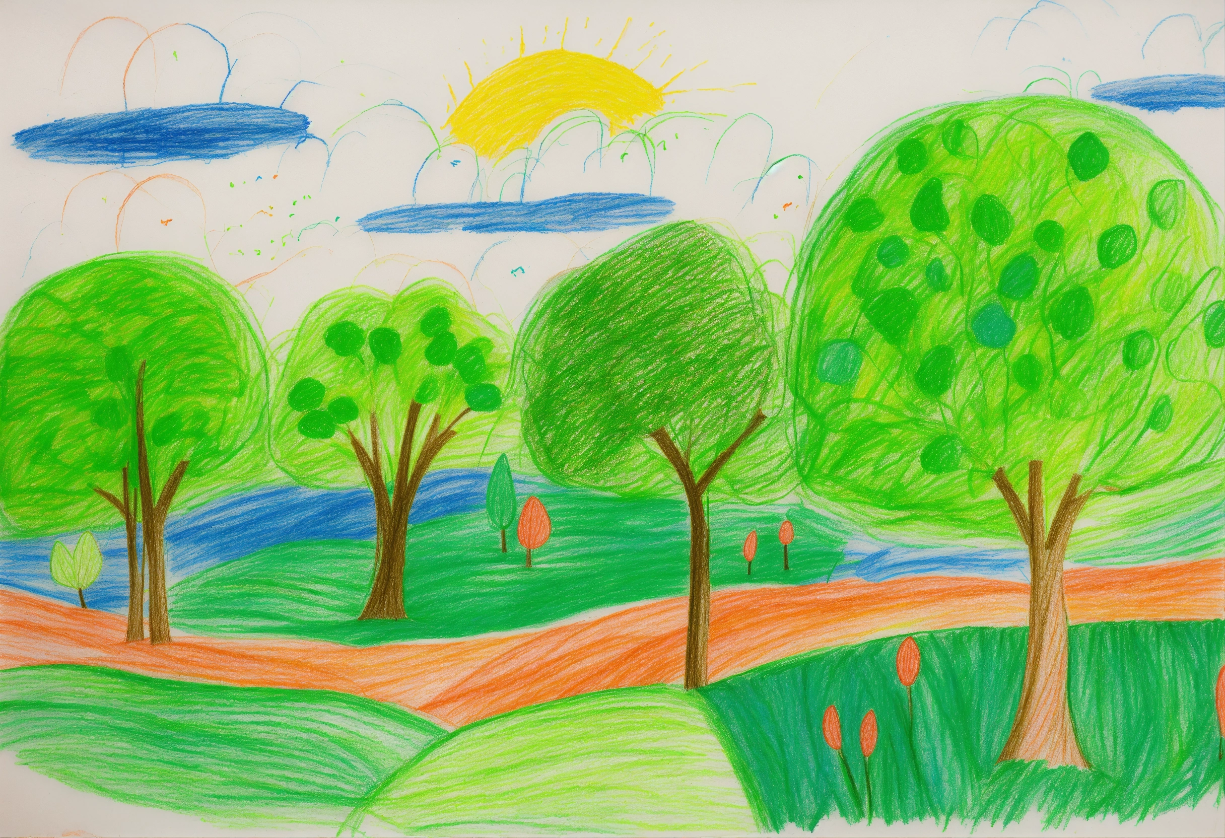 Lexica - A child-like AND naive drawing of a green landscape with trees ...