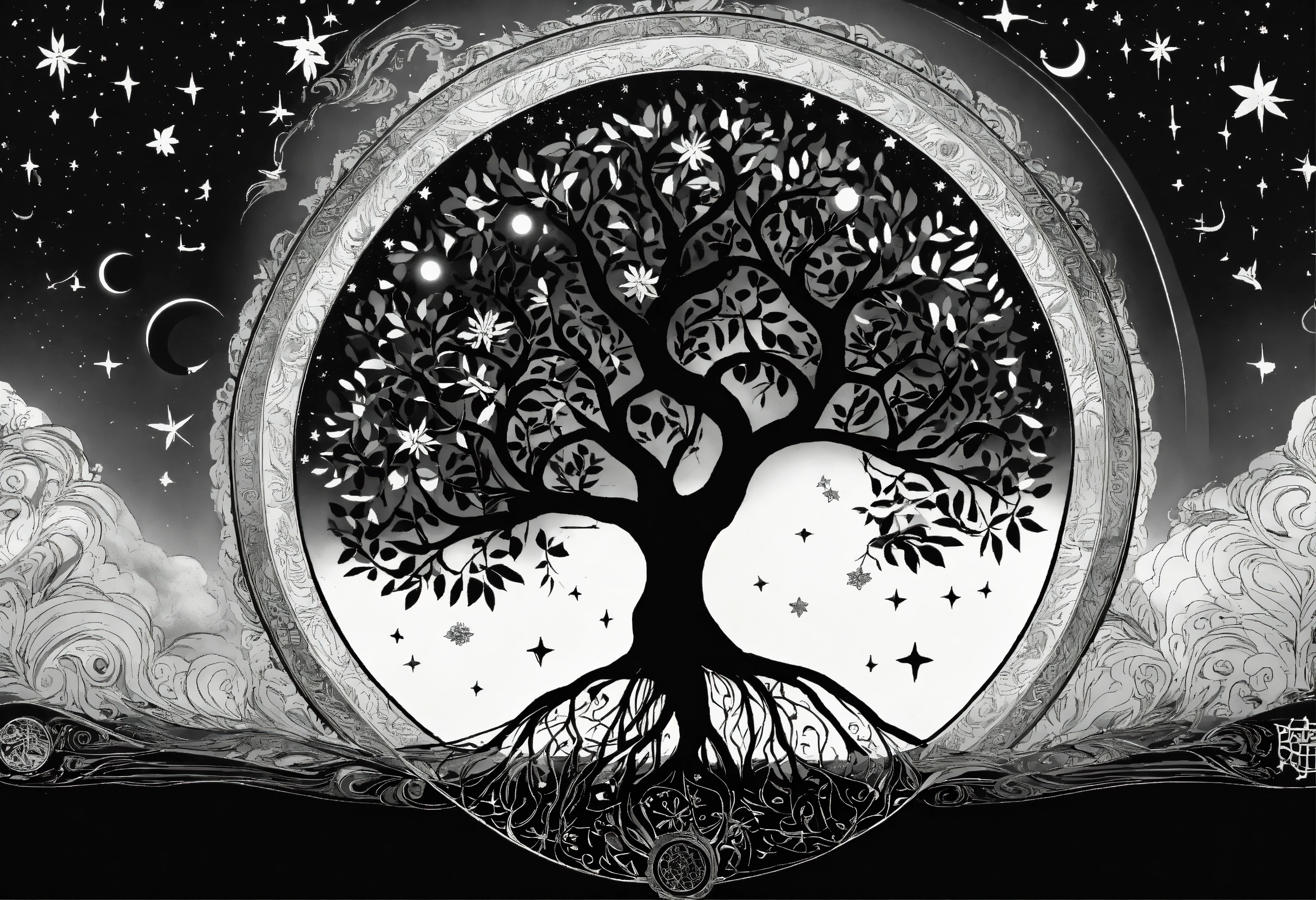 Lexica - Tree of life black and white no leaf with moon sun and stars